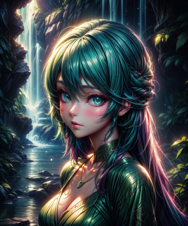 (best quality,masterpiece,ultra-high resolution,realism:1.4),1girl,green eyes,off-the-shoulders,detailed facial features,cinematic lighting,blue hair,at sunset,serene garden,flowers in the background,lens flare,vibrant colors,soft pastel tones,serene expression,breeze blowing through her hair,captivating gaze,close-up shot,cozy atmosphere,subtle shadows,dreamlike ambiance,enchanting aura
