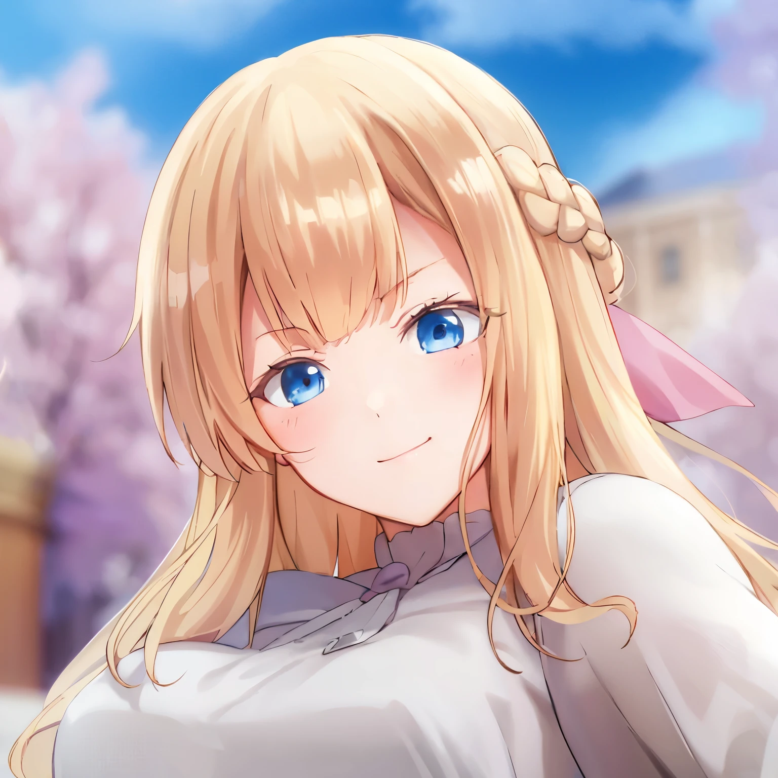 high quality, masterpiece. Young woman. blonde. braided hair. pink bow. Blue eyes. evil smile. white elegant dress. against the backdrop of a school with sakura.