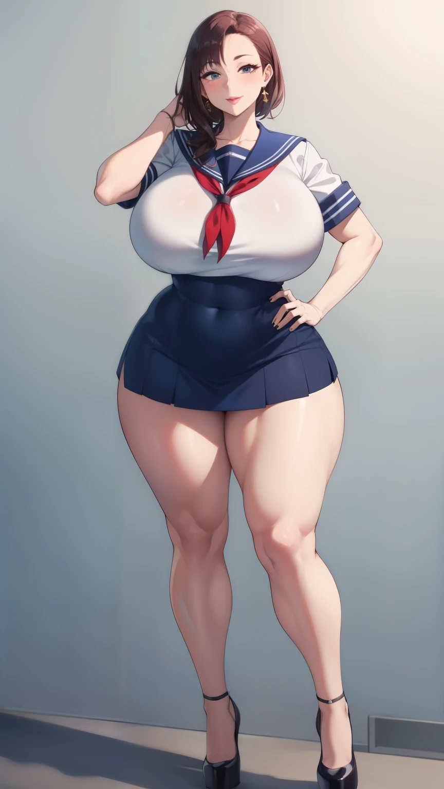 Big Breasts, Big Hips, Full Body Shot, Mature mother, Voluptuous thighs, Whole calf, Seductive mature woman, Perfect body, Plus Size Model, Sailor suit, Wearing high heels, 