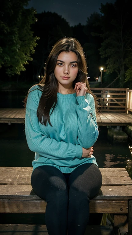 20 years old, Italian girl, same face, cute face, slim body, night time, aqua eyes, brunette hair, cute face, bigger breasts, wearing a cozy sweater and leggings, sitting on a wooden bridge over a serene lake.