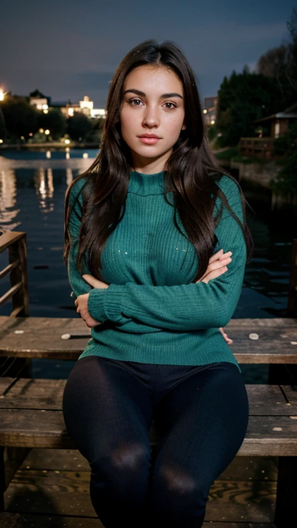20 years old, Italian girl, same face, cute face, slim body, night time, aqua eyes, brunette hair, cute face, bigger breasts, wearing a cozy sweater and leggings, sitting on a wooden bridge over a serene lake.