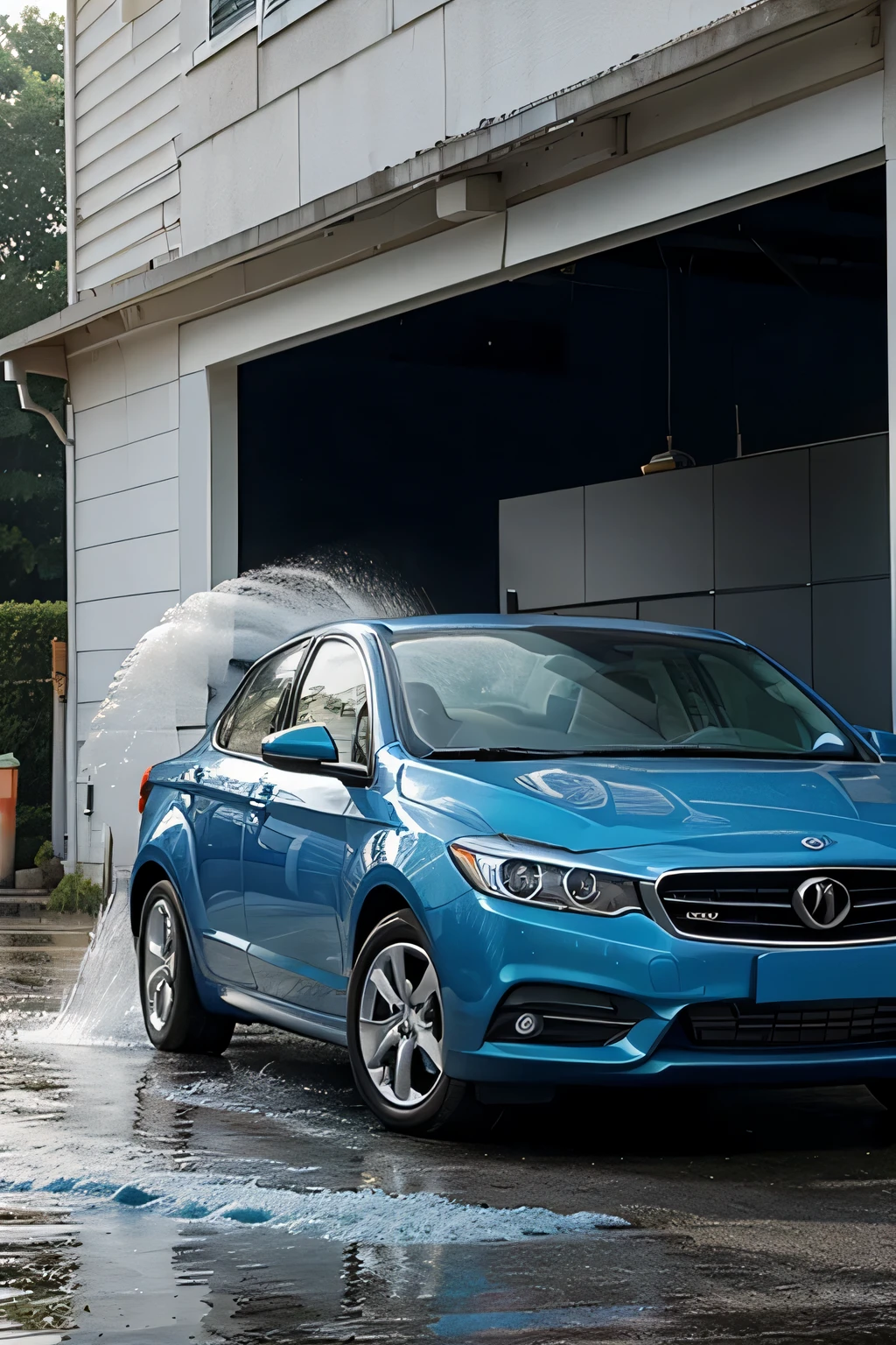 generate a high-resolution image depicting a blue car receiving a car wash