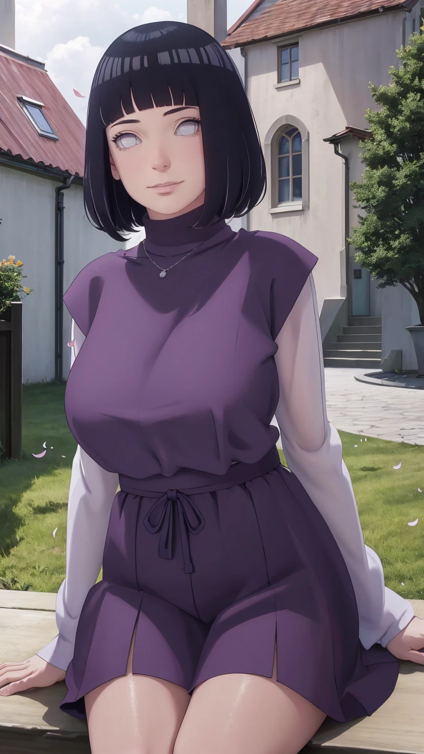 Meisterwerk, absurdres, Hinata\(Boruto\), 1girls, nur,reifes Weibchen, lila Kapuzenpullover,layered sleeves, braune Hose, al fresco,Lavendelblütenfeld, Blick auf den Betrachter, (falling petals), overcast sky, Perfekte Komposition, Detaillierte Lippen, large chest, Beautiful face, Body Propotion, flush, (rosa Lippen), Lange Haare, lila Augen, Sanfter Blick, sad smile, Super realistisch, Detailliert, Fotoshooting, Realistic face and body, Realistisches Haar, Realistische Augen, realistische Nase, Realistische Lippen, delicate smile, sitting