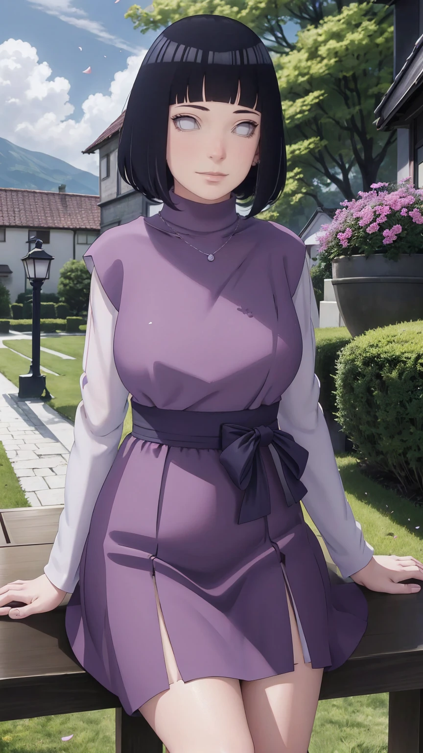 Meisterwerk, absurdres, Hinata\(Boruto\), 1girls, nur,reifes Weibchen, lila Kapuzenpullover,layered sleeves, braune Hose, al fresco,Lavendelblütenfeld, Blick auf den Betrachter, (falling petals), overcast sky, Perfekte Komposition, Detaillierte Lippen, large chest, Beautiful face, Body Propotion, flush, (rosa Lippen), Lange Haare, lila Augen, Sanfter Blick, sad smile, Super realistisch, Detailliert, Fotoshooting, Realistic face and body, Realistisches Haar, Realistische Augen, realistische Nase, Realistische Lippen, delicate smile, sitting