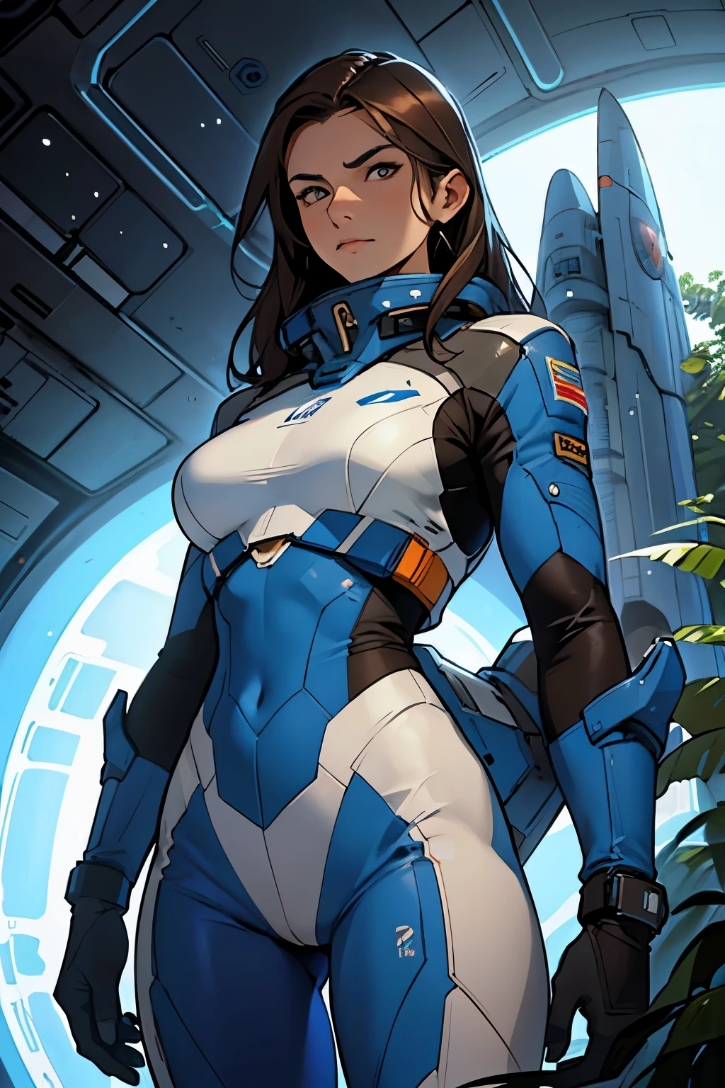 A beautiful woman. Dark brown hair. Mid twenties. She is looking at the camera with a serious expression. She is wearing a blue spacesuit. Part of the spaceship's fuselage can be seen behind her. The spaceship has landed in a jungle full of virgin forests.