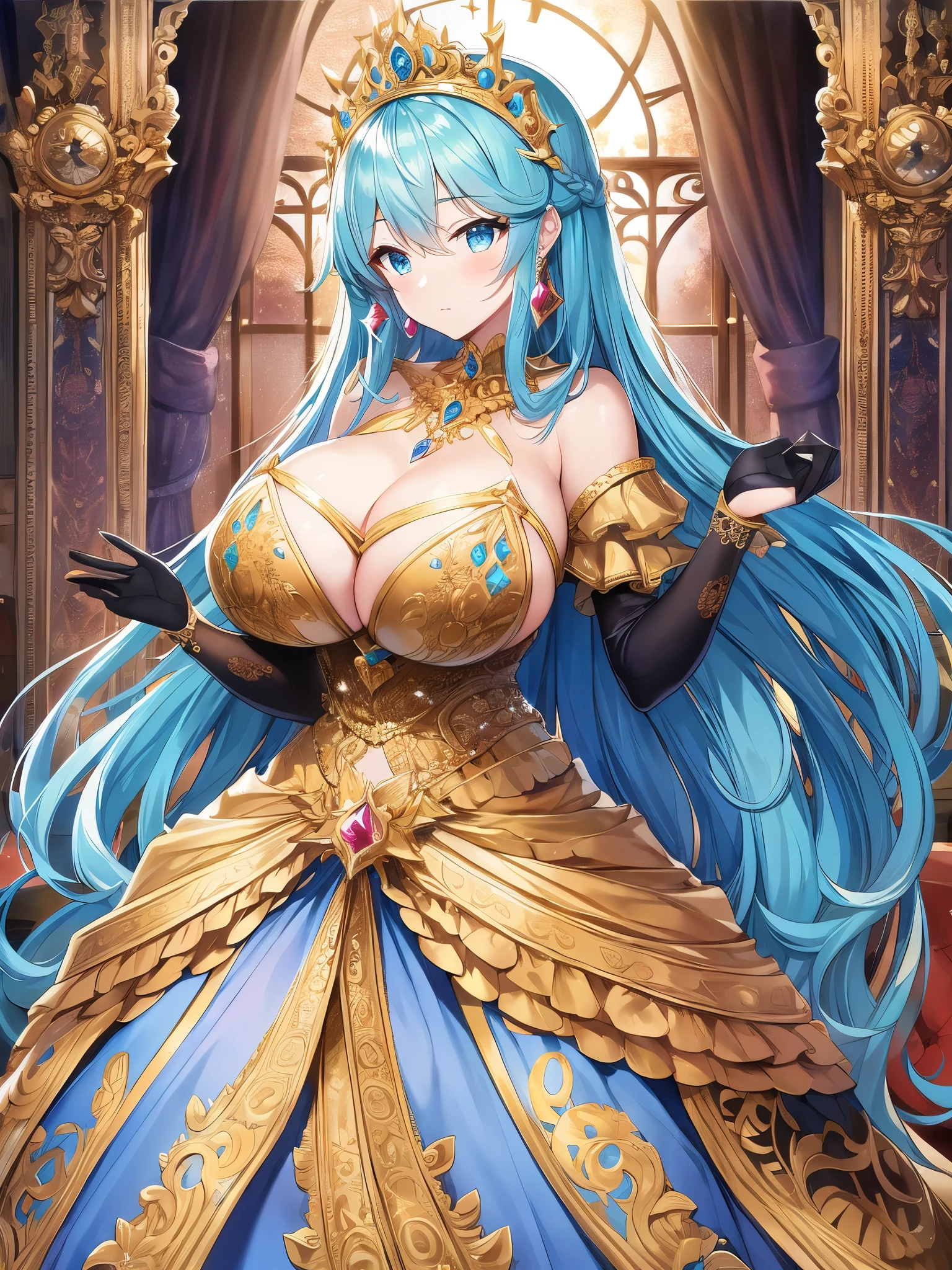 ((anime artstyle)),(Masterpiece),(Best Quality), (Super Detail),(((Very Delicate and Beautiful))),Solo,full body,((full body portrait)),((1 bling-bling princess in beautiful embroidery and jeweled gorgeous rococo ballgown with voluminous full length hoop skirt)),((((absurdly gigantic tits)))),(((cleavage,curvy))),Skindentation,detailed face and eyes,jewel-like eyes,((in the castle)),((crinoline,long train)),gorgeous princess rococo ballgown with voluminous full length hoop skirt and long train,(((bling-bling gorgeous rococo ballgown with beautiful embroidery and jeweled))),((large amount of straight hair, absurdly long hair,Very Long Straight Hair)),extremely gorgeousfull hair ornament,(bling-bling extremely gorgeous jeweled tiara),luxurious jewelry,full body,((beautiful embroidery and jeweled gorgeous rococo ballgown with voluminous full length hoop skirt))