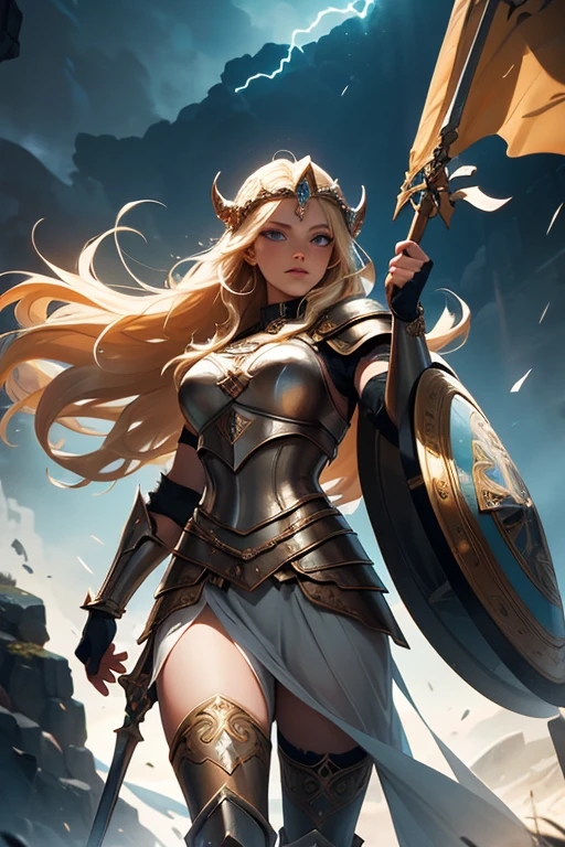 A stunning portrait of Freyja, the Norse goddess of love, fertility, and war. She is depicted with her iconic feathered helmet, shield, and spear. Her long, flowing blonde hair is complemented by intricate Viking-inspired armor. She stands majestically against a backdrop of a dimly lit, stormy night with thunder and lightning, her powerful presence commanding the scene.