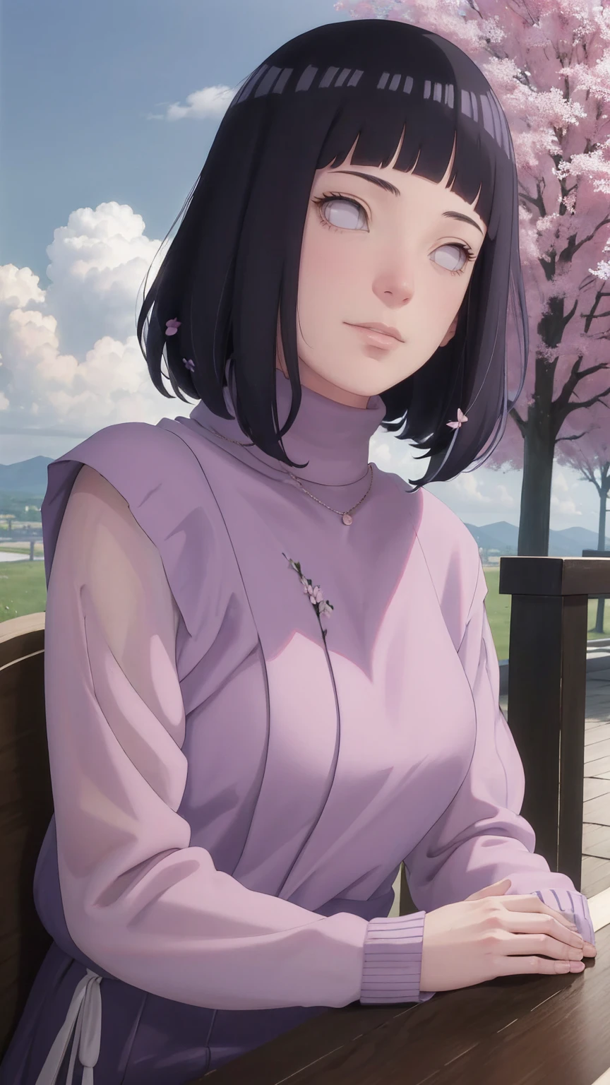 Meisterwerk, absurdres, Hinata\(Boruto\), 1girls, nur,reifes Weibchen, lila Kapuzenpullover,layered sleeves, braune Hose,  al fresco,Lavendelblütenfeld, Blick auf den Betrachter, (falling petals), overcast sky, Perfekte Komposition, Detaillierte Lippen, large chest, Beautiful face, Body Propotion, flush, (rosa Lippen), Lange Haare,  lila Augen,  Sanfter Blick, sad smile,  Super realistisch, Detailliert, Fotoshooting, Realistic face and body,  Realistisches Haar, Realistische Augen, realistische Nase, Realistische Lippen, delicate smile, sitting, upper body