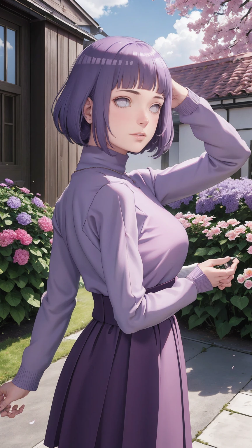 Meisterwerk, absurdres, Hinata\(Boruto\), 1girls, nur,reifes Weibchen, lila Kapuzenpullover,layered sleeves, braune Hose, al fresco,Lavendelblütenfeld, Blick auf den Betrachter, (falling petals), overcast sky, Perfekte Komposition, Detaillierte Lippen, large chest, Beautiful face, Body Propotion, flush, (rosa Lippen), Lange Haare, lila Augen, Sanfter Blick, sad smile, Super realistisch, Detailliert, Fotoshooting, Realistic face and body, Realistisches Haar, Realistische Augen, realistische Nase, Realistische Lippen, backwards, looking back