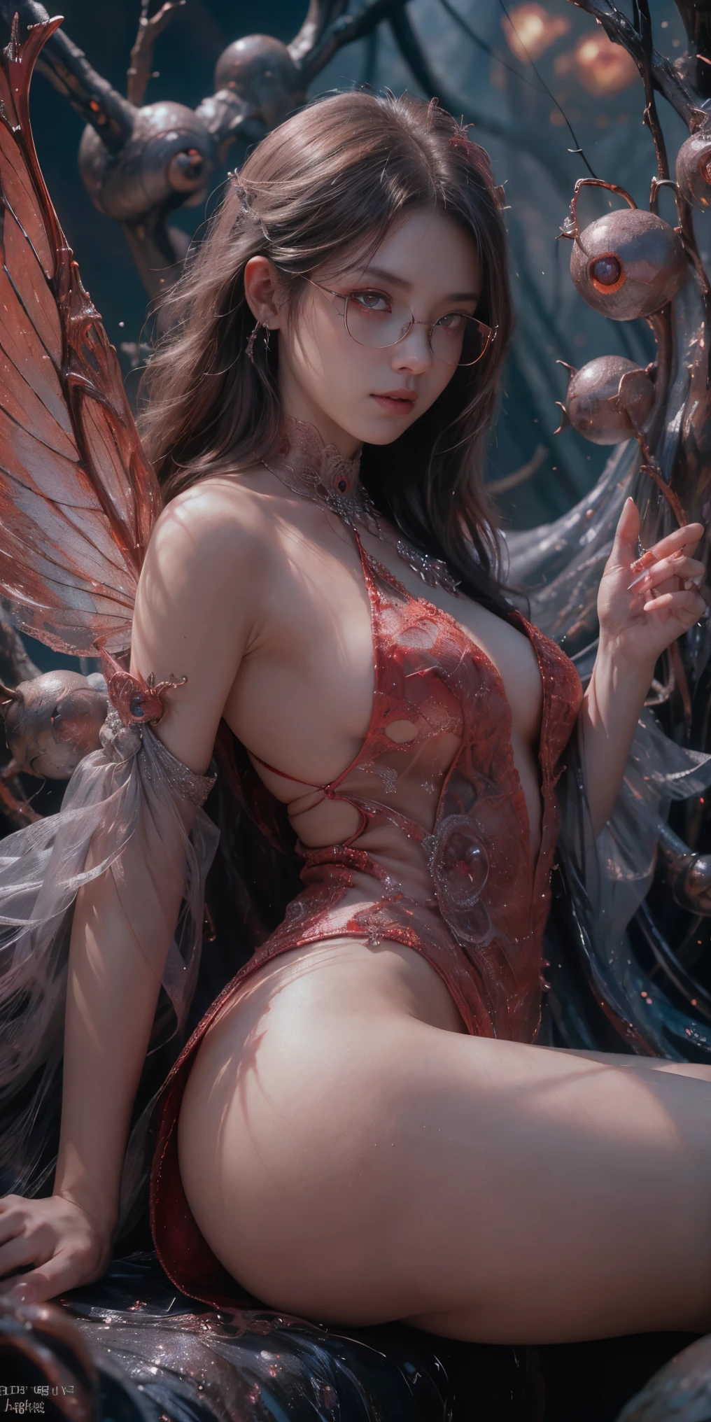 (The best illustrations)、realisitic、ultra-detailliert、The best lighting、Best Shadows、alluring succubus, ethereal beauty, perched on a cloud, (fantasy illustration:1.3), enchanting gaze, captivating pose, delicate wings, otherworldly charm, mystical sky, (Luis Royo:1.2), (Yoshitaka Amano:1.1), Dungeon and Dragon、caves、Dungeon、 A Necromancer、natta、Dark style、Succubus、Devil's Daughter、Bat Wings,(((Demon Hornlack-rimmed round glasses))))、(red eyes glowing:1.6)、beautiful countenance、Tindall Effect、(High Detail Skins:1.2) absurderes、Ponytail distortion、jewely、Beautiful expression、Toned waist、Wide buttocks、Tindall Effectmasuter piece、top-quality、Highest Standards、Top image quality、masutepiece、intricate detailes、High resolution、Depth Field、natural soft light、profetional lighting、Great smile、(High Detail Skin: 1.2)、photorealistic anime girl render、Strong highlights of the eyes、Perfect Anatomy、crotch open、Shy、Spreading your legs、Panties are visible、Skirt flipping、Body shiny with oilerectile nipple))、8K resolution、intricate clothing、Intricate details、Panties visible through the skirt、Panties in full view、Small panties, pink nipple, pink pussy