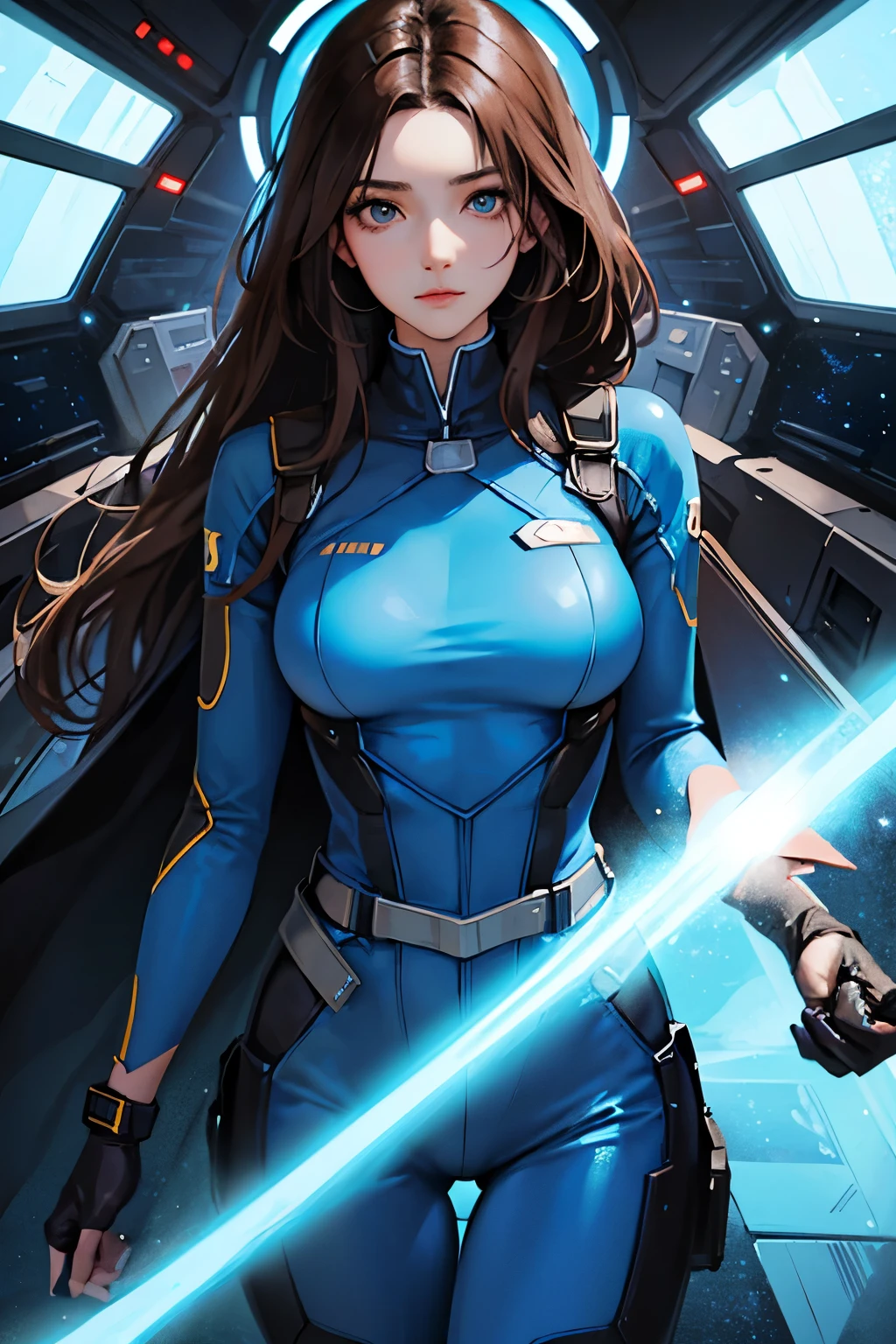 A beautiful woman. Dark brown hair. Mid twenties. She is looking at the camera with a serious expression. She is wearing a blue spacesuit. Part of the spaceship's fuselage can be seen behind her. The spaceship has landed in a jungle full of virgin forests.