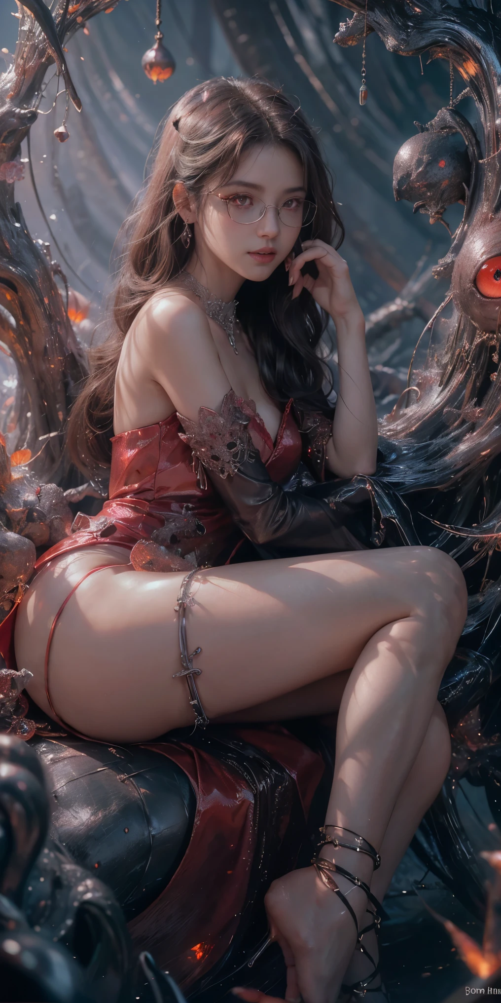 (The best illustrations)、realisitic、ultra-detailliert、The best lighting、Best Shadows、alluring succubus, ethereal beauty, perched on a cloud, (fantasy illustration:1.3), enchanting gaze, captivating pose, delicate wings, otherworldly charm, mystical sky, (Luis Royo:1.2), (Yoshitaka Amano:1.1), Dungeon and Dragon、caves、Dungeon、 A Necromancer、natta、Dark style、Succubus、Devil's Daughter、Bat Wings,(((Demon Hornlack-rimmed round glasses))))、(red eyes glowing:1.6)、beautiful countenance、Tindall Effect、(High Detail Skins:1.2) absurderes、Ponytail distortion、jewely、Beautiful expression、Toned waist、Wide buttocks、Tindall Effectmasuter piece、top-quality、Highest Standards、Top image quality、masutepiece、intricate detailes、High resolution、Depth Field、natural soft light、profetional lighting、Great smile、(High Detail Skin: 1.2)、photorealistic anime girl render、Strong highlights of the eyes、Perfect Anatomy、crotch open、Shy、Spreading your legs、Panties are visible、Skirt flipping、Body shiny with oilerectile nipple))、8K resolution、intricate clothing、Intricate details、Panties visible through the skirt、Panties in full view、Small panties, pink nipple, pink pussy