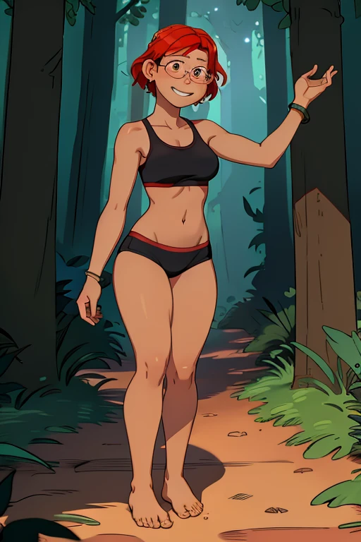 a 23 years old barefoot blindfolded topless woman wearin  a  black sportsshorts, blonde short  wavy hair,  calm smile, blindfold, freckles, walking in a forest.