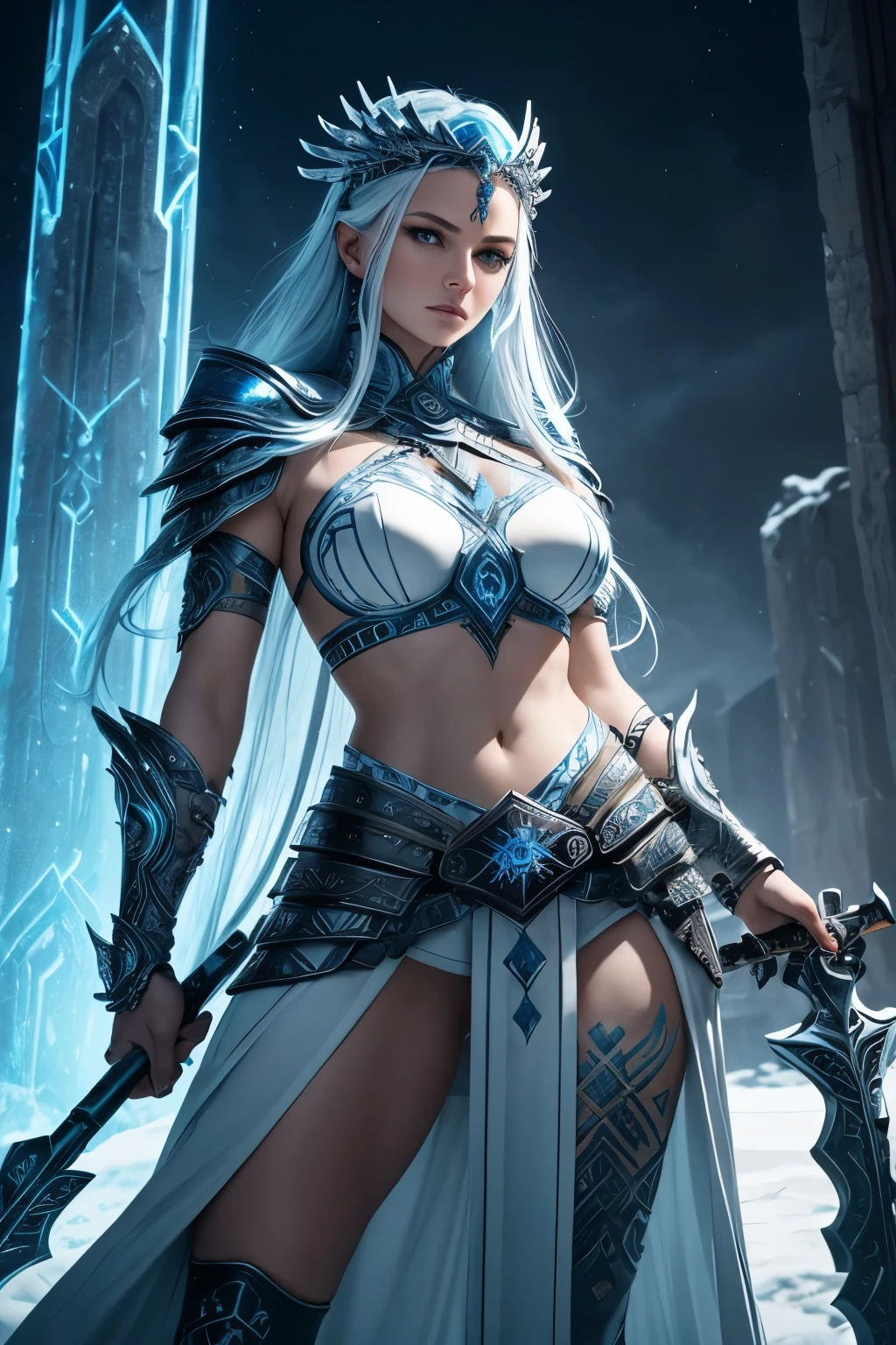 An imposing creature rises before you, her body armored in a fusion of blue and white. The intricately designed armor is etched with Nordic symbols and frosty runes, each line glinting with an ethereal light as if frozen in time. Icy flames surge from her long, plaited hair, dancing around her face like a living, breathing aura of frost. Atop her head, a helm-like headdress gleams, a fusion of modern metals and ancient relics that exude an aura of coldness and unyielding power. In her hands, weapons of both futuristic blades and Nordic artifacts await, their colors brilliant against