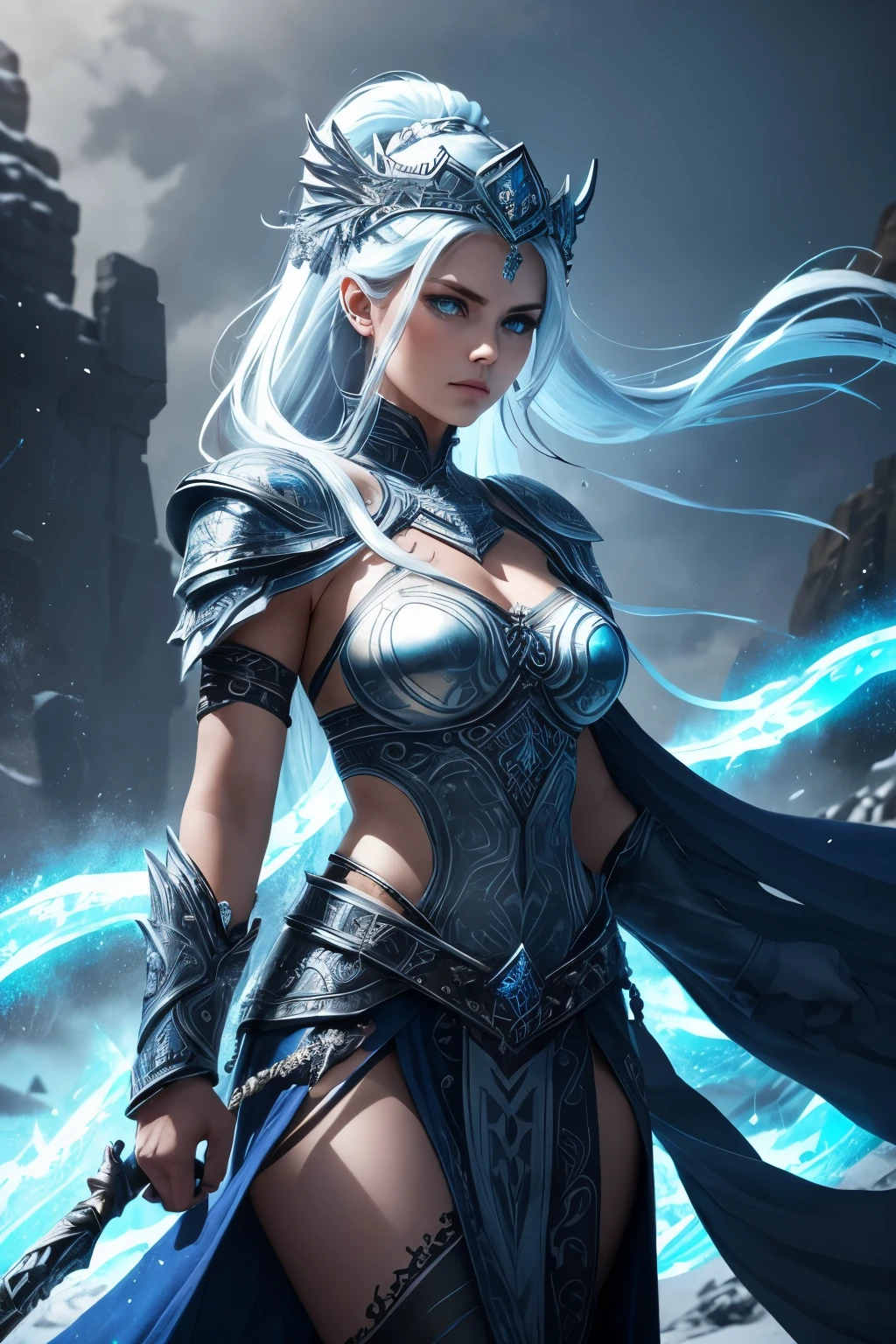 An imposing creature rises before you, her stature towering and commanding. Her body is covered in armor of pristine blue and white hues, intricately etched with Nordic symbols and frosty runes. Icy flames dance atop her head, cascading down her long, plaited hair, their chill blowing in the wind. Atop her head rests a helm-like headdress, a mesmerizing fusion of modern metals and ancient relics, exuding an aura of unyielding coldness and raw power. In her hands, she wields weapons of both futuristic design and ancient Nordic heritage, their edges gleaming with the same