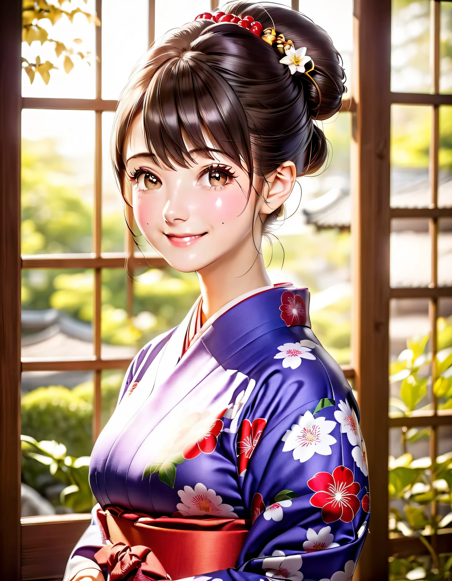 mature woman in yukata, sweet smiling expression, right side looking at the camera wearing very beautiful typical Japanese clothes, hair tied in a Japanese style, half body photo