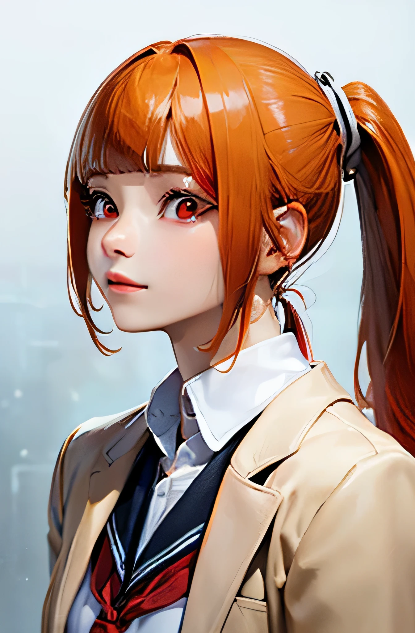 /*General image quality*/ (8k, RAW photo, best quality, masterpiece:1.2), ultra detailed, ultra high res, high-resolution,(realistic, photo realistic:1.4),depth of field, realistic shadow, caustics, natural shading, photon mapping, fine-textured, perfectly focused,
/*Detailed image quality*/ cinematic lighting, soft lighting, HDR, SIGMA 24 mm F/2.8, ISO 400, 1/125 sec shutter,an extremely delicate and beautiful, extremely detailed, 8k wallpaper, Amazing, finely detail, huge file size, extremely detailed CG, unity 8k wallpaper, official art, perfect artwork, production art,
BREAK
/*figure*/
1girl, (20 years old:1.2), cute girl, pretty girl, perfect idol, kawaii,realistic body, , gravure model,realistic skin texture, fair skin, shiny skin, slender body, good figure, gleaming skin,
BREAK
/*system*/
glamorous,tall,large breasts,
BREAK
/*Hairstyle*/
(((((blunt bangs))))),(((((orange hair))))),(((((straight hair))))),(((((ponytail))))),
BREAK
/*eye*/
beautiful eyes,(((((red eyes))))),
BREAK
/*Costume*/
(((school uniform, jacket))),
BREAK
/*Pause*/
arms behind back,
BREAK
/*angle*/
upper body,
REAK
/*place*/
white background,
BREAK
/*Brightness*/
sunlight,