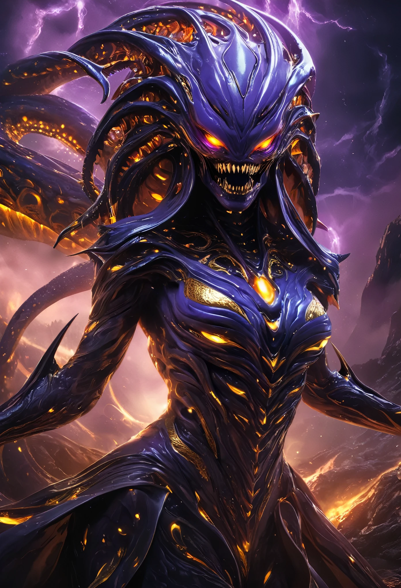 (best quality,highres,ultra-detailed:1.2),terrifying female alien,otherworldly portrait,nightmarish beauty,horrifying gaze,extraterrestrial creature,sharp teeth,glowing eyes,sinister smile,serpentine body,deadly claws,dark atmosphere,alien landscape,ominous lighting,vivid colors,horror,sci-fi,cosmic horror, (NSFW:1.5), a lot of eyes, purple auram
