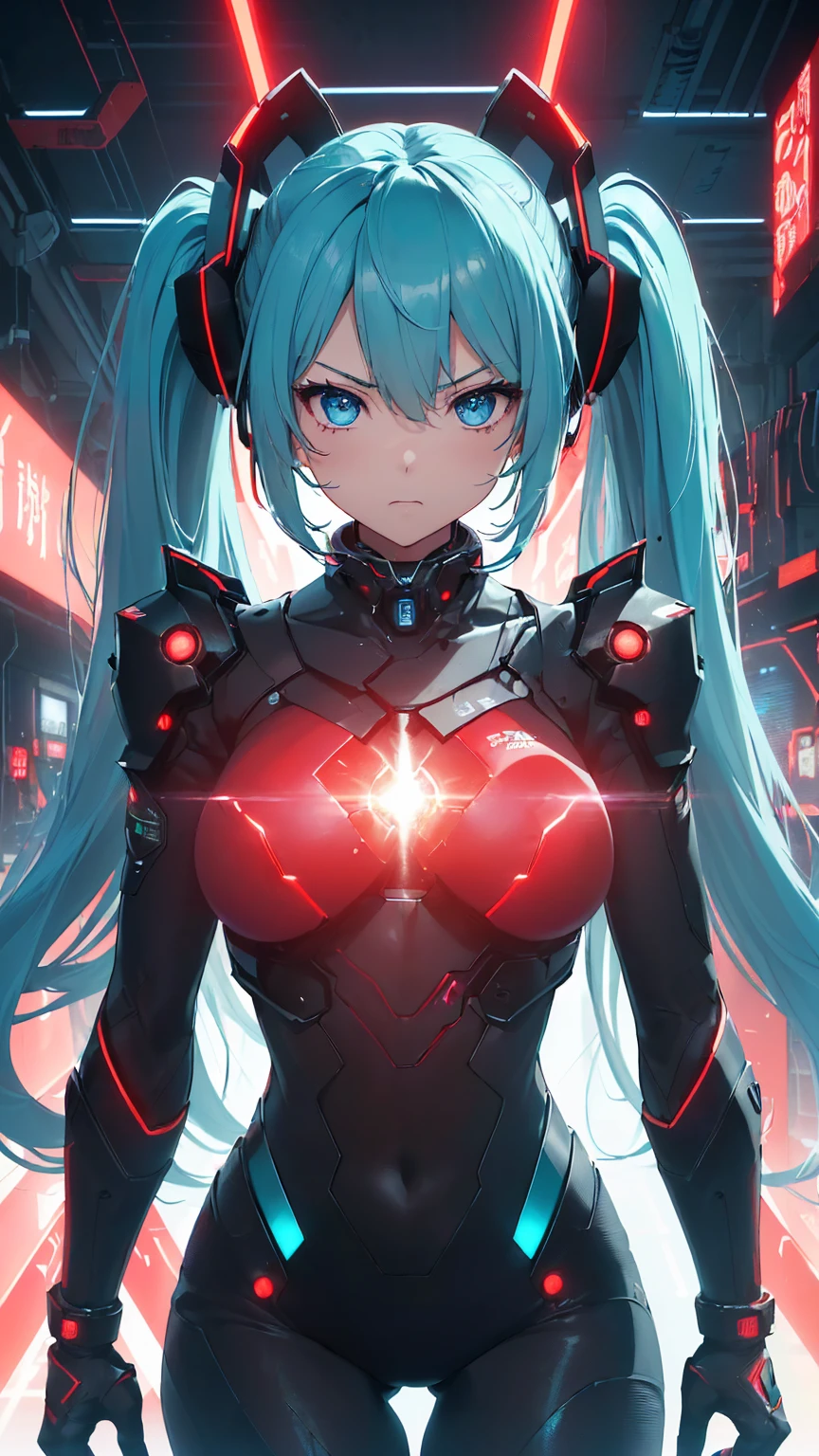 最high quality、Best image quality、masterpiece、Hatsune Miku VOCALOID、、Android Girl((18-year-old、red, A glowing black and blue cyber suit、Blue energy source on chest,Best Bust、Big Breasts、Bust 90、Twin tails、Light blue eyes、Light blue hair、Open your chest wide、valley、happiness、Slender、belligerent face、Please stand in front、Countless cable connections throughout the body、Particles of light、Sharp clawed arms)）high quality、Beautiful art、background((Research Facilities、Neon color、Cyber World、red lighting))、Tabletop、Exquisite design、Visual Arts、Feature films、depth(The rampaging android army)