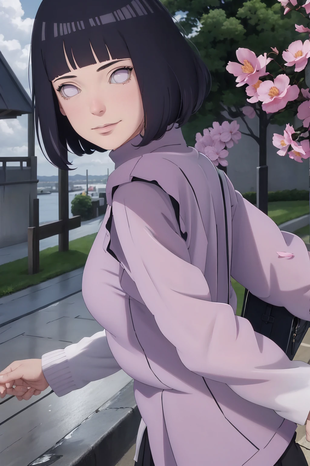 Meisterwerk, absurdres, Hinata\(Boruto\), 1girls, nur,reifes Weibchen, lila Kapuzenpullover,layered sleeves, braune Hose, al fresco,Lavendelblütenfeld, Blick auf den Betrachter, (falling petals), overcast sky, Perfekte Komposition, Detaillierte Lippen, large chest, Beautiful face, Body Propotion, flush, (rosa Lippen), Lange Haare, lila Augen, Sanfter Blick, sad smile, Super realistisch, Detailliert, Fotoshooting, Realistic face and body, Realistisches Haar, Realistische Augen, realistische Nase, Realistische Lippen, backwards, looking back