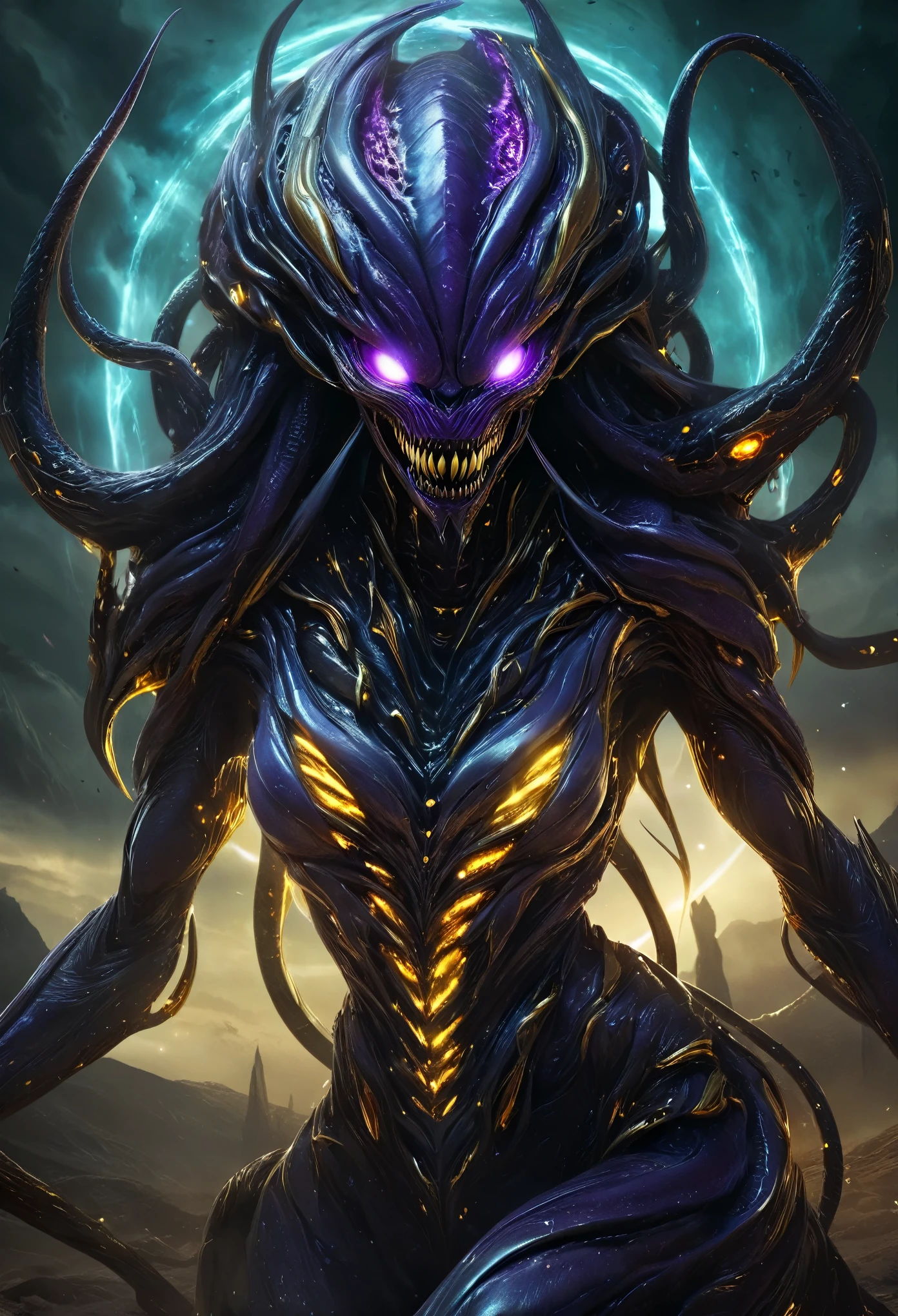 (best quality,highres,ultra-detailed:1.2),terrifying female alien,otherworldly portrait,nightmarish beauty,horrifying gaze,extraterrestrial creature,sharp teeth,glowing eyes,sinister smile,serpentine body,deadly claws,dark atmosphere,alien landscape,ominous lighting,vivid colors,horror,sci-fi,cosmic horror, (NSFW:1.5), a lot of eyes, purple auram