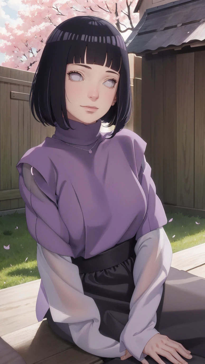 Meisterwerk, absurdres, Hinata\(Boruto\), 1girls, nur,reifes Weibchen, lila Kapuzenpullover,layered sleeves, braune Hose, al fresco,Lavendelblütenfeld, Blick auf den Betrachter, (falling petals), overcast sky, Perfekte Komposition, Detaillierte Lippen, large chest, Beautiful face, Body Propotion, flush, (rosa Lippen), Lange Haare, lila Augen, Sanfter Blick, sad smile, Super realistisch, Detailliert, Fotoshooting, Realistic face and body, Realistisches Haar, Realistische Augen, realistische Nase, Realistische Lippen, delicate smile, sitting, upper body