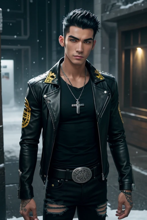 Aaron Diaz 20-year-old boy with open black jacket, blue t-shirt with snow print, short black hair, punk style, yellow locks, black jeans, green eyes, black leather belt, silver buckle, slim muscular build, cross medallion, silver bracelet, looking straight at the viewer