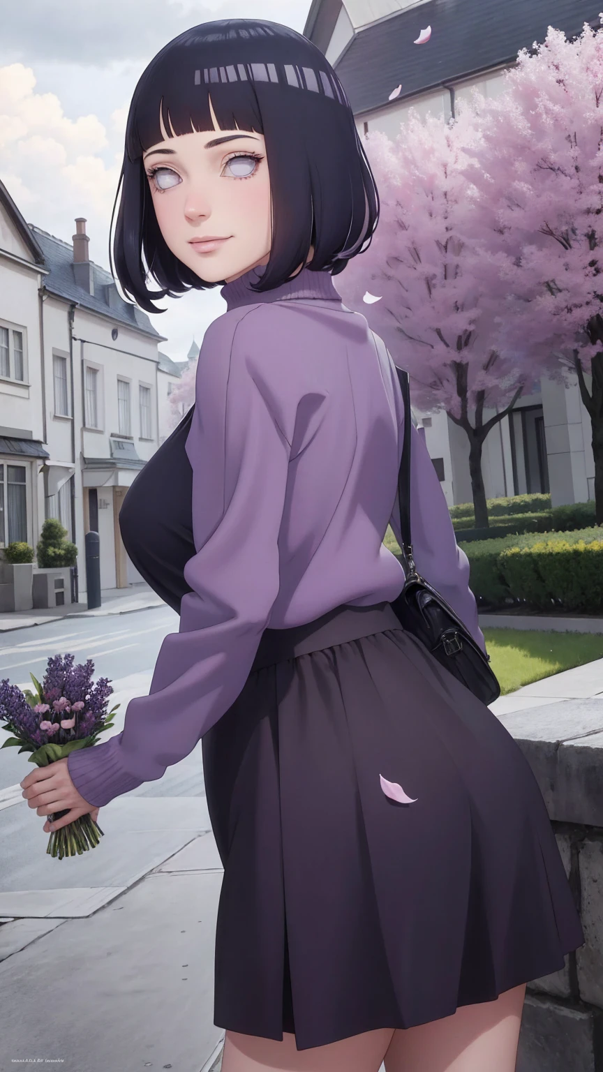 Meisterwerk, absurdres, Hinata\(Boruto\), 1girls, nur,reifes Weibchen, lila Kapuzenpullover,layered sleeves, braune Hose, al fresco,Lavendelblütenfeld, Blick auf den Betrachter, (falling petals), overcast sky, Perfekte Komposition, Detaillierte Lippen, large chest, Beautiful face, Body Propotion, flush, (rosa Lippen), Lange Haare, lila Augen, Sanfter Blick, sad smile, Super realistisch, Detailliert, Fotoshooting, Realistic face and body, Realistisches Haar, Realistische Augen, realistische Nase, Realistische Lippen, backwards, looking back