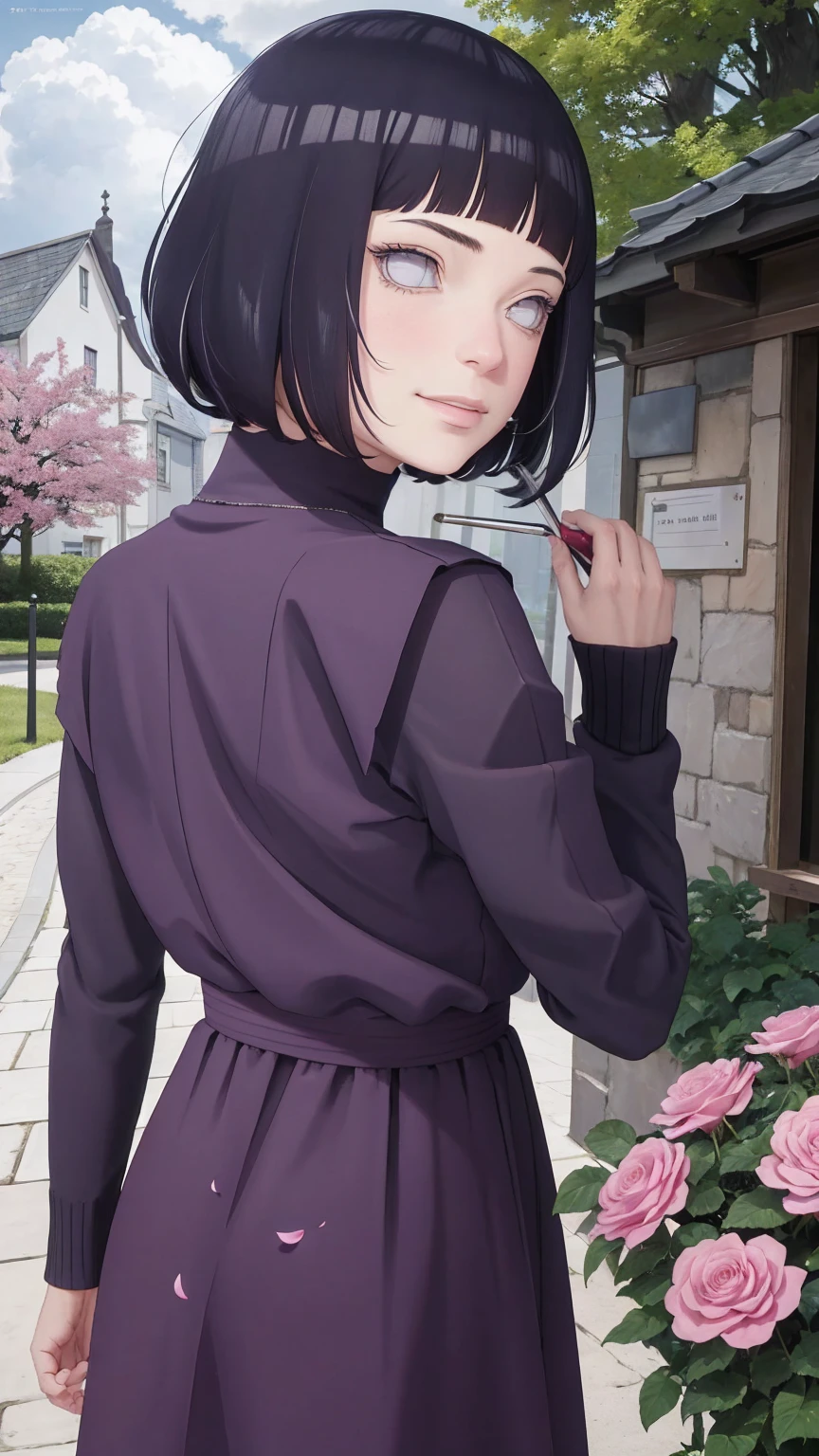 Meisterwerk, absurdres, Hinata\(Boruto\), 1girls, nur,reifes Weibchen, lila Kapuzenpullover,layered sleeves, braune Hose, al fresco,Lavendelblütenfeld, Blick auf den Betrachter, (falling petals), overcast sky, Perfekte Komposition, Detaillierte Lippen, large chest, Beautiful face, Body Propotion, flush, (rosa Lippen), Lange Haare, lila Augen, Sanfter Blick, sad smile, Super realistisch, Detailliert, Fotoshooting, Realistic face and body, Realistisches Haar, Realistische Augen, realistische Nase, Realistische Lippen, backwards, looking back