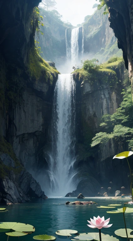 Highly detailed film water and ocean palette, a bald monk standing at the water's edge in white Hanfu, a huge green snake, a huge lotus flower in white, a very tall waterfall, exquisite facial details, spotlights, perfect composition, surreal, ultra-detailed, 8k, high quality, clear focus, intricate details, highly detailed, dynamic lighting, detailed and complex environment,
