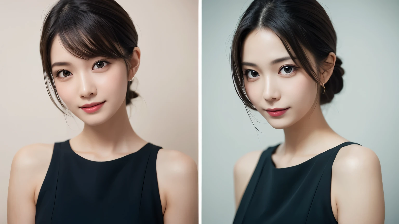 One Girl, (Dress in trendy fashion:1.2), (RAW Photos, highest quality), (Realistic, Photorealistic:1.4), Tabletop, Very delicate and beautiful, Very detailed, 2k wallpaper, wonderful, In detail, Very detailedな CG Unity 8K 壁紙, Very detailedな, High resolution, Soft Light, Beautiful detailed girl, looking at the camera、Very detailedな目と顔, Beautifully detailed nose, Beautiful fine details, Bob Hair, small, Black Dress、White background、Background is white、Cinema Lighting, Perfect Anatomy, Slender body, smile,