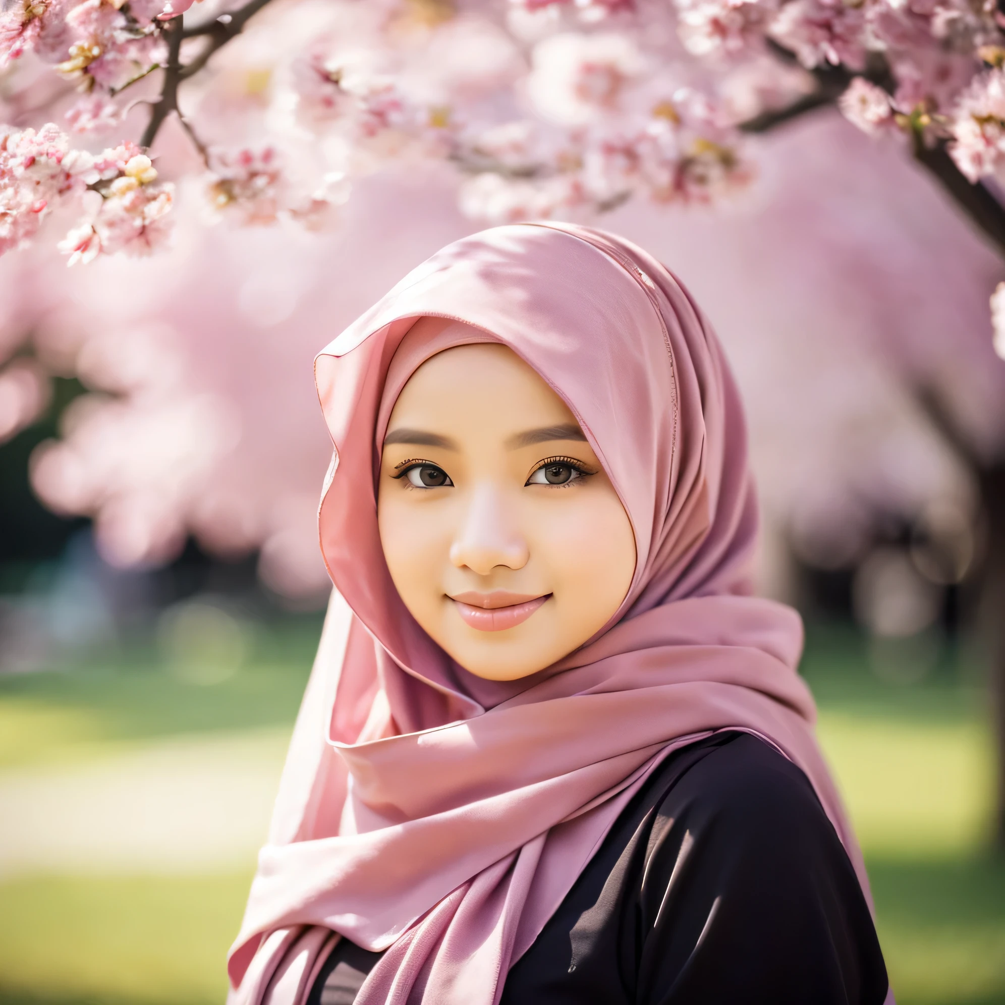 Indonesia woman wearing hijab, Canon EOS-1D X Mark III (DSLR), Bokeh Master Lens (85mm f/1.2), Bright, Ambience, Background sakura trees park, High Quality Image, 8K Ultra HD, 4D, Photography