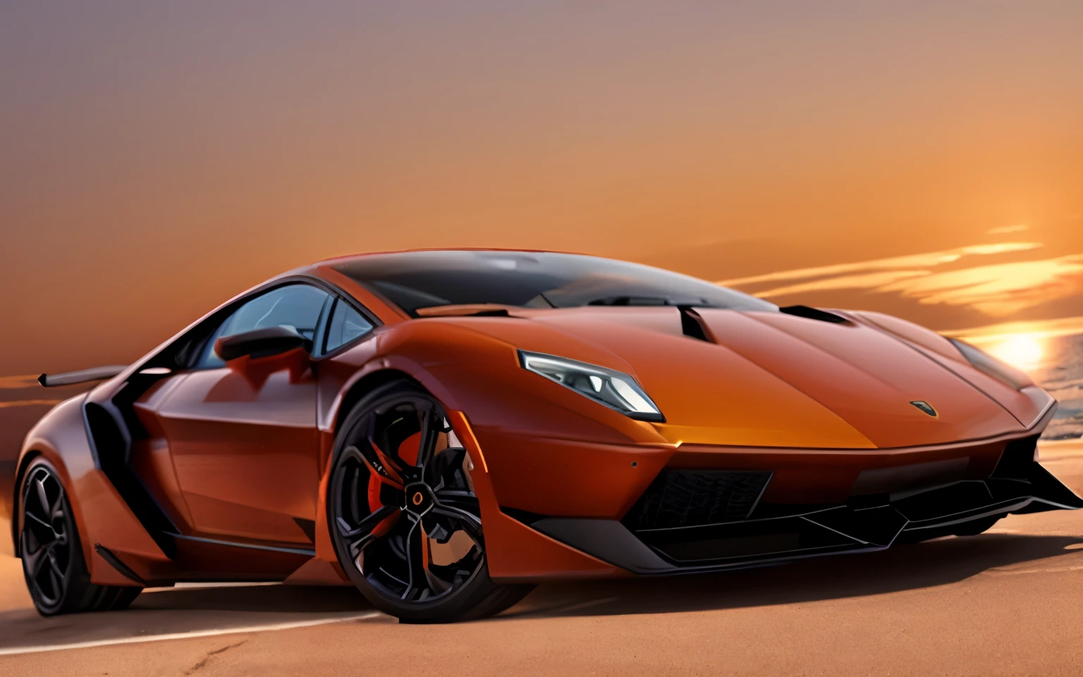 Make a lamborghini model sesto elemento towards sunset while parking