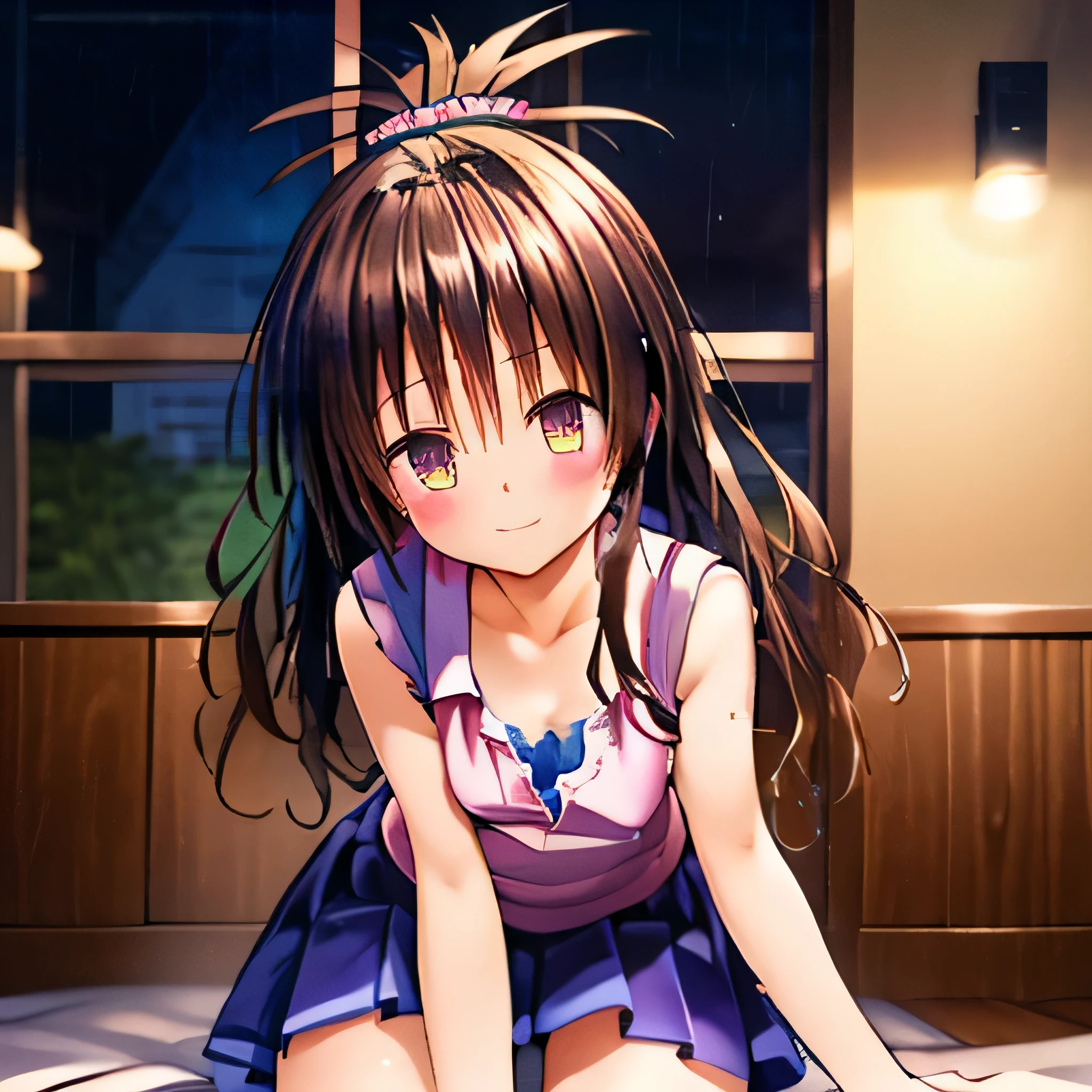 realistically, glowing eyes, ponytail, white short skirt, Blush, daytime, Wet from the rain, see through, sleeveless shirt, nipples, pussy, crotch, shy, Lie down on your knees, mikan yuki, the skirt is flipped up, smile, 14 years old, highest quality, High resolution, highly detailed face, perfect lighting, Very detailed CG, perfect hands, perfect figure, perfect anatomy, hand raised up, armpit, small breast