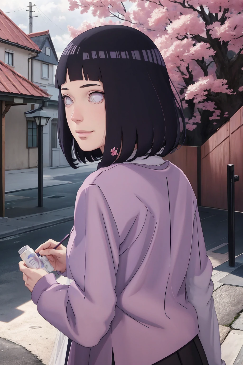 Meisterwerk, absurdres, Hinata\(Boruto\), 1girls, nur,reifes Weibchen, lila Kapuzenpullover,layered sleeves, braune Hose, al fresco,Lavendelblütenfeld, Blick auf den Betrachter, (falling petals), overcast sky, Perfekte Komposition, Detaillierte Lippen, large chest, Beautiful face, Body Propotion, flush, (rosa Lippen), Lange Haare, lila Augen, Sanfter Blick, sad smile, Super realistisch, Detailliert, Fotoshooting, Realistic face and body, Realistisches Haar, Realistische Augen, realistische Nase, Realistische Lippen, backwards, looking back
