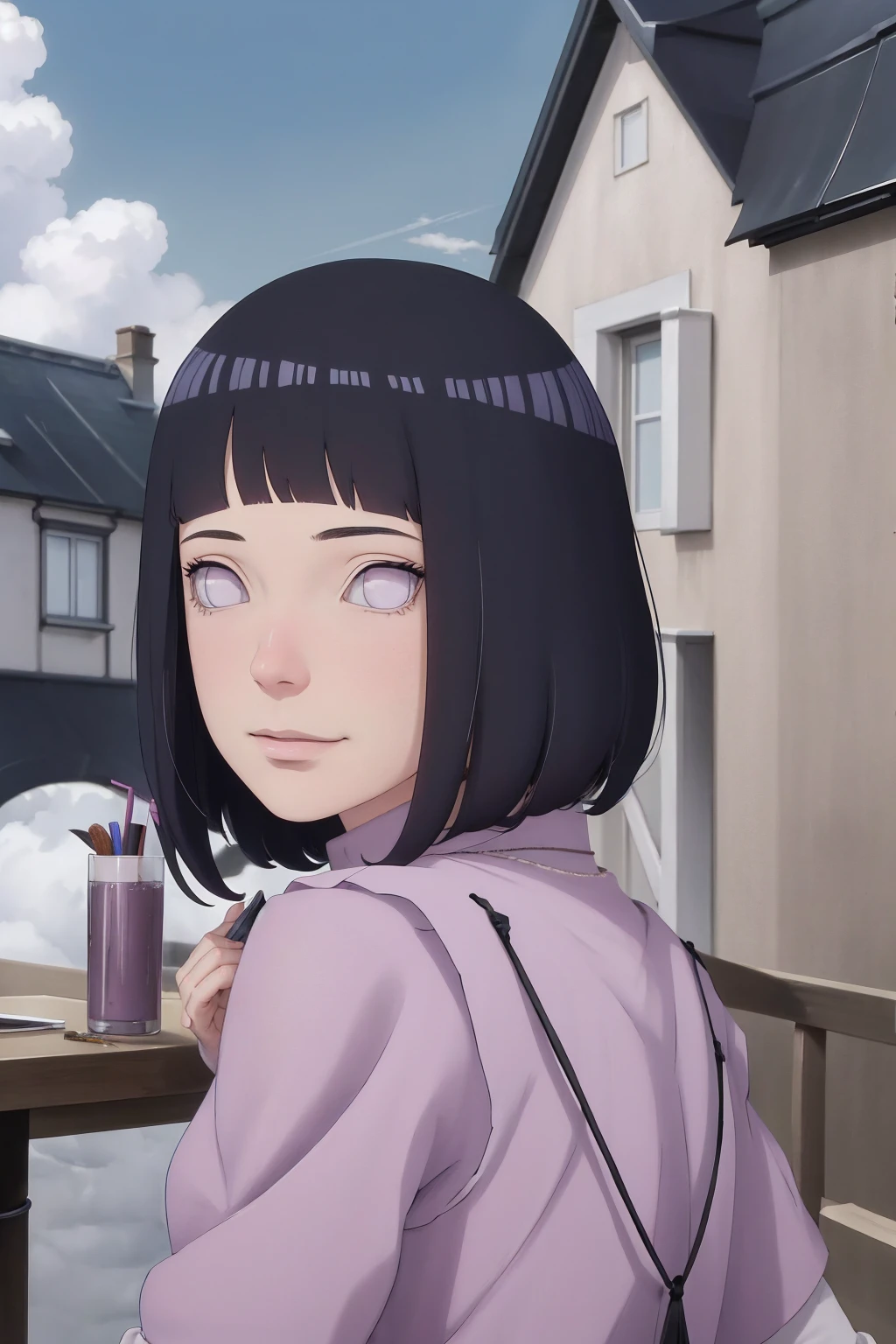 Meisterwerk, absurdres, Hinata\(Boruto\), 1girls, nur,reifes Weibchen, lila Kapuzenpullover,layered sleeves, braune Hose, al fresco,Lavendelblütenfeld, Blick auf den Betrachter, (falling petals), overcast sky, Perfekte Komposition, Detaillierte Lippen, large chest, Beautiful face, Body Propotion, flush, (rosa Lippen), Lange Haare, lila Augen, Sanfter Blick, sad smile, Super realistisch, Detailliert, Fotoshooting, Realistic face and body, Realistisches Haar, Realistische Augen, realistische Nase, Realistische Lippen, backwards, looking back