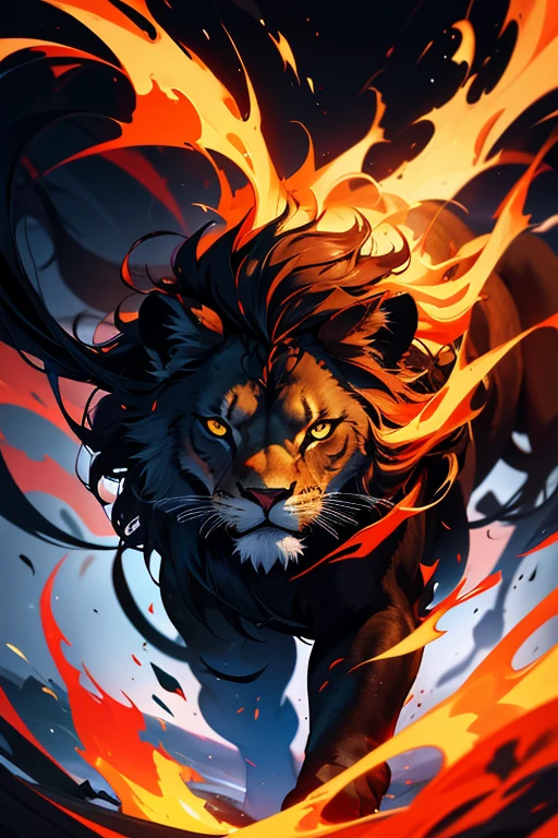 A mesmerizing conceptual art piece featuring an abstract representation of a lion. The lion is meticulously crafted from black flames, with its vibrant, sharp-focused eyes exuding an intense energy that captivates the viewer. The background is clean and minimalistic, allowing the lion to take center stage and dominate the composition. The overall effect of this unique painting is ethereal and euphoric, leaving the viewer in a state of awe and wonder., painting, vibrant, conceptual art