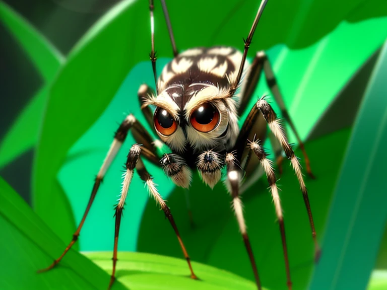 ((       Shiny eyeirror finish、　Reflected ambient light、　Miracle Rainbow's Gaze、　rays of light enter my eyes、　Ultra-high resolution、8k、masterpiece:1.2、Realistic、Looking at the camera、Six Eyes　))、　　　a close up of a jumping Spider on a green leaf, jumping Spider, a cute Spider, fear of Spiders, Spider, jumping Spider mixed with owl, half human half Spider, Spiders, Spiders!!!!, Spider abdomen, Spider webbed body, Macro photography, Big Red Eyes, Macro Images, Spider形類, Spider thorax, Spider legs large, Spider legs