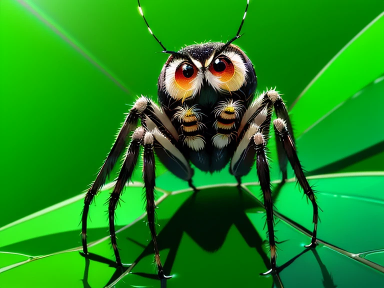(( Shiny eyeirror finish、 Reflected ambient light、 Miracle Rainbow's Gaze、 rays of light enter my eyes、 Ultra-high resolution、8k、masterpiece:1.2、Realistic、Looking at the camera、Six Eyes ))、 a close up of a jumping Spider on a green leaf, jumping Spider, a cute Spider, fear of Spiders, Spider, jumping Spider mixed with owl, half human half Spider, Spiders, Spiders!!!!, Spider abdomen, Spider webbed body, Macro photography, Big Red Eyes, Macro Images, Spider形類, Spider thorax, Spider legs large, Spider legs