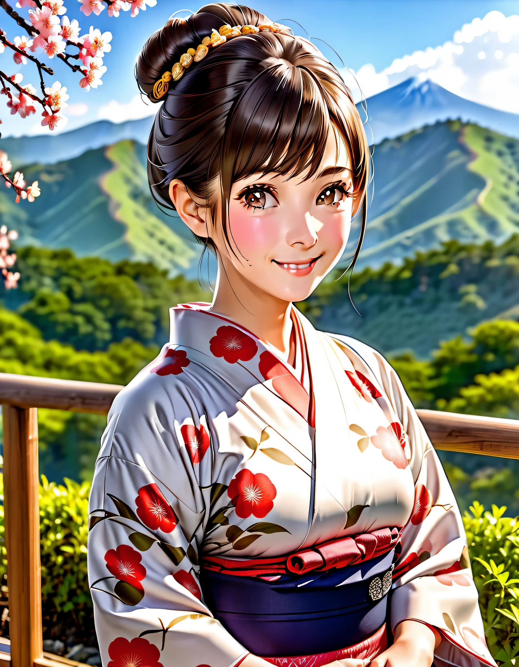 mature woman in yukata, sweet smiling expression, right side looking at the camera wearing very beautiful typical Japanese clothes, hair tied in a Japanese style, half body photo with beautiful hill background
