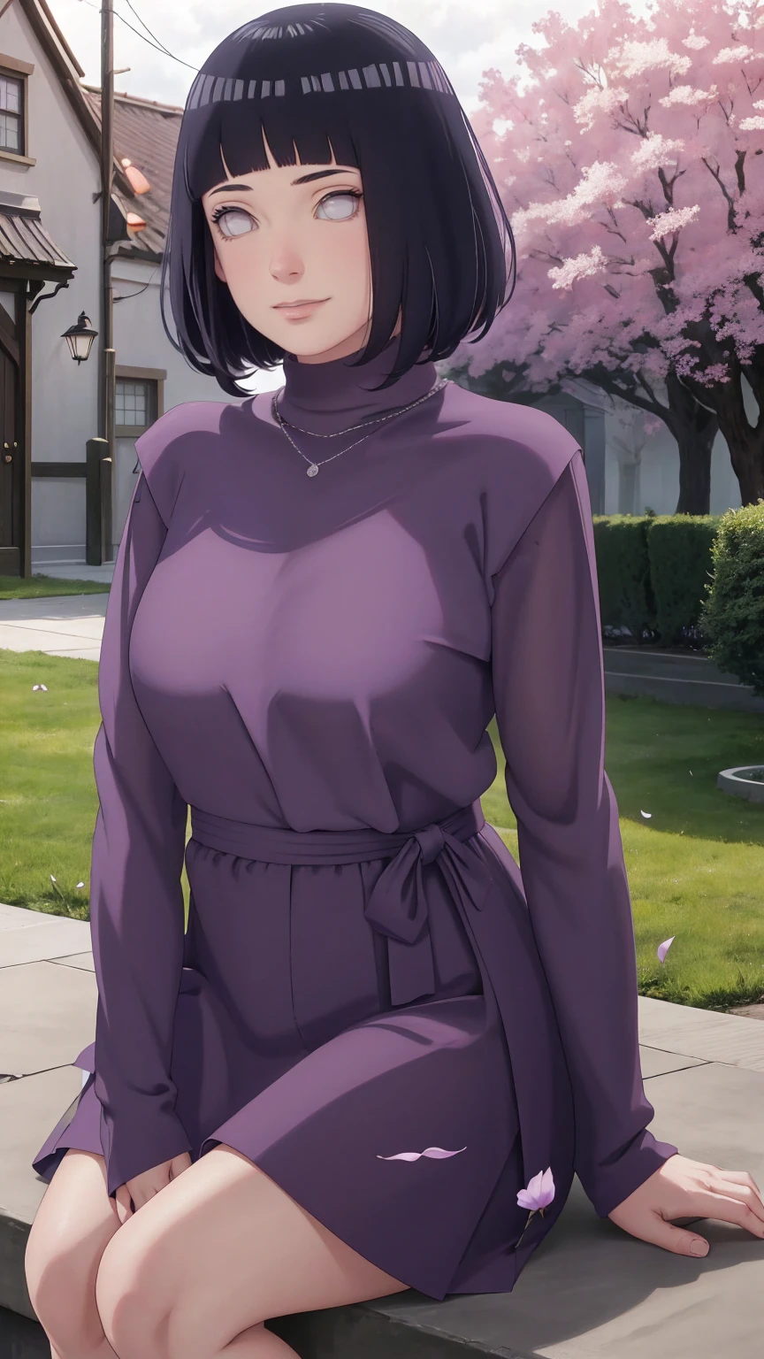 Meisterwerk, absurdres, Hinata\(Boruto\), 1girls, nur,reifes Weibchen, lila Kapuzenpullover,layered sleeves, braune Hose, al fresco,Lavendelblütenfeld, Blick auf den Betrachter, (falling petals), overcast sky, Perfekte Komposition, Detaillierte Lippen, large chest, Beautiful face, Body Propotion, flush, (rosa Lippen), Lange Haare, lila Augen, Sanfter Blick, sad smile, Super realistisch, Detailliert, Fotoshooting, Realistic face and body, Realistisches Haar, Realistische Augen, realistische Nase, Realistische Lippen, delicate smile, sitting, upper body