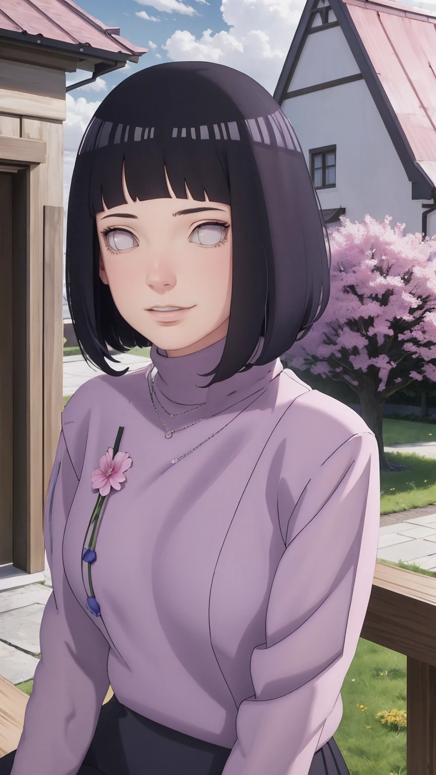 Meisterwerk, absurdres, Hinata\(Boruto\), 1girls, nur,reifes Weibchen, lila Kapuzenpullover,layered sleeves, braune Hose, al fresco,Lavendelblütenfeld, Blick auf den Betrachter, (falling petals), overcast sky, Perfekte Komposition, Detaillierte Lippen, large chest, Beautiful face, Body Propotion, flush, (rosa Lippen), Lange Haare, lila Augen, Sanfter Blick, sad smile, Super realistisch, Detailliert, Fotoshooting, Realistic face and body, Realistisches Haar, Realistische Augen, realistische Nase, Realistische Lippen, delicate smile, sitting, upper body