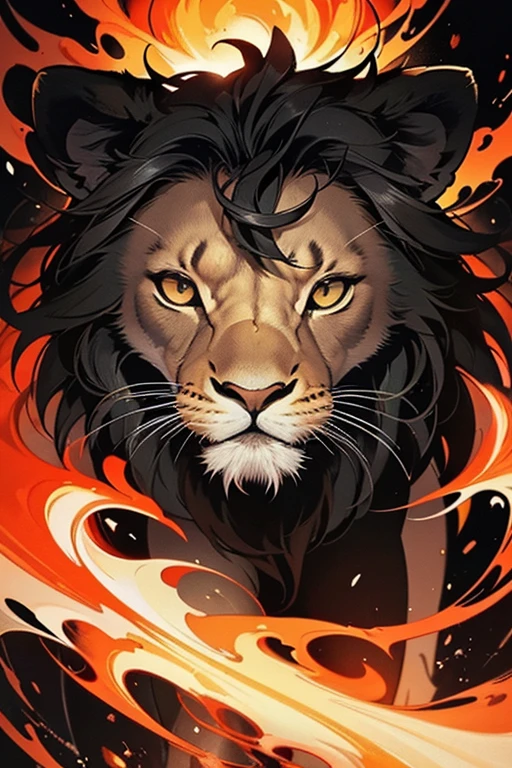 A mesmerizing conceptual art piece featuring an abstract representation of a lion. The lion is meticulously crafted from black flames, with its vibrant, sharp-focused eyes exuding an intense energy that captivates the viewer. The background is clean and minimalistic, allowing the lion to take center stage and dominate the composition. The overall effect of this unique painting is ethereal and euphoric, leaving the viewer in a state of awe and wonder., painting, vibrant, conceptual art