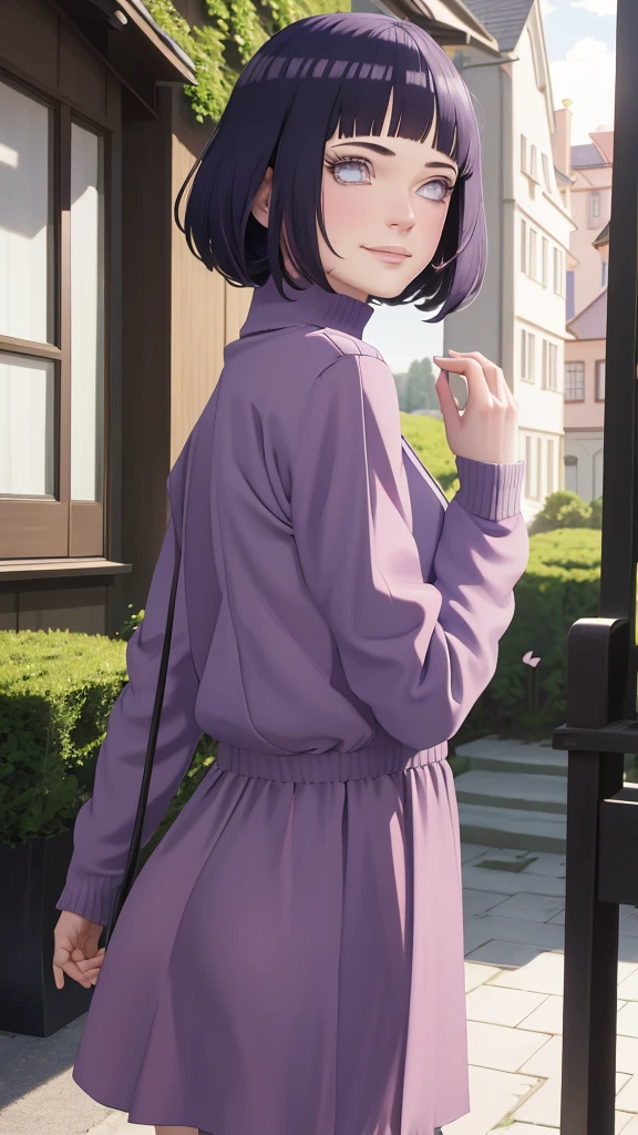 Meisterwerk, absurdres, Hinata\(Boruto\), 1girls, nur,reifes Weibchen, lila Kapuzenpullover,layered sleeves, braune Hose, al fresco,Lavendelblütenfeld, Blick auf den Betrachter, (falling petals), overcast sky, Perfekte Komposition, Detaillierte Lippen, large chest, Beautiful face, Body Propotion, flush, (rosa Lippen), Lange Haare, lila Augen, Sanfter Blick, sad smile, Super realistisch, Detailliert, Fotoshooting, Realistic face and body, Realistisches Haar, Realistische Augen, realistische Nase, Realistische Lippen, backwards, looking back, upper bpby, portrait