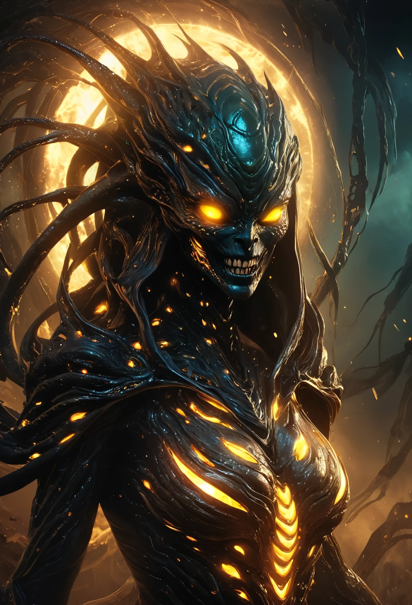 (best quality,highres,ultra-detailed:1.2),terrifying female alien,otherworldly portrait,nightmarish beauty,horrifying gaze,extraterrestrial creature,sharp teeth,glowing eyes,sinister smile,serpentine body,deadly claws,dark atmosphere,alien landscape,ominous lighting,vivid colors,horror,sci-fi,cosmic horror, (NSFW:1.5), a lot of eyes, 