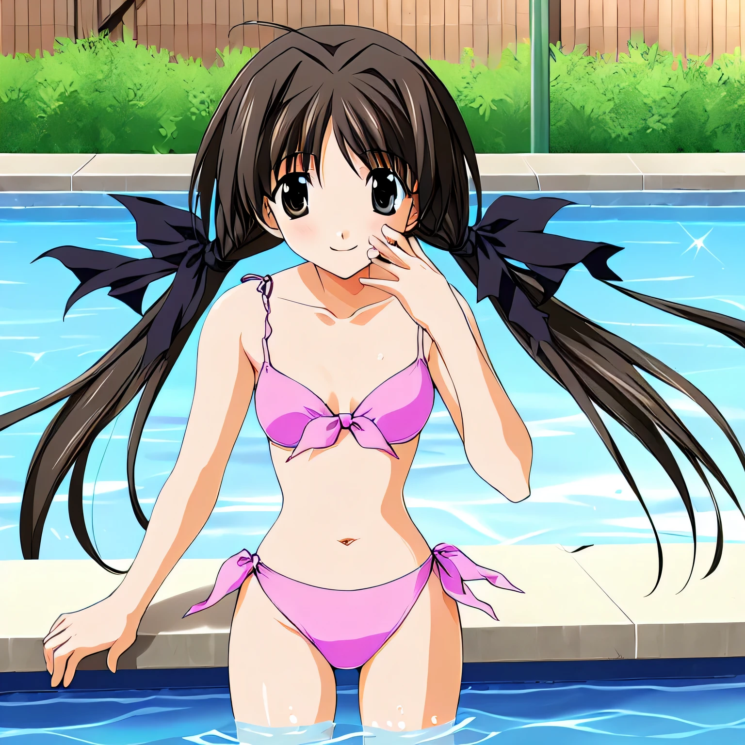 Shirakawa Firefly,woman１people, Black Hair Ribbon,smile,Pool, Swimwear,bikini, (masterpiece,highest quality:1.2)