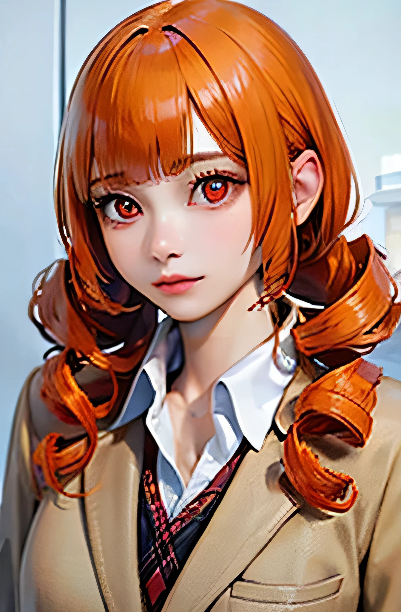 /*General image quality*/ (8k, RAW photo, best quality, masterpiece:1.2), ultra detailed, ultra high res, high-resolution,(realistic, photo realistic:1.4),depth of field, realistic shadow, caustics, natural shading, photon mapping, fine-textured, perfectly focused,
/*Detailed image quality*/ cinematic lighting, soft lighting, HDR, SIGMA 24 mm F/2.8, ISO 400, 1/125 sec shutter,an extremely delicate and beautiful, extremely detailed, 8k wallpaper, Amazing, finely detail, huge file size, extremely detailed CG, unity 8k wallpaper, official art, perfect artwork, production art,
BREAK
/*figure*/
1girl, (20 years old:1.2), cute girl, pretty girl, perfect idol, kawaii,realistic body, , gravure model,realistic skin texture, fair skin, shiny skin, slender body, good figure, gleaming skin,
BREAK
/*system*/
glamorous,tall,large breasts,
BREAK
/*Hairstyle*/
(((((blunt bangs))))),(((((orange hair))))),(((((straight hair))))),(((((drill hair))))),
BREAK
/*eye*/
beautiful eyes,(((((red eyes))))),
BREAK
/*Costume*/
(((school uniform, blazer))),
BREAK
/*Pause*/
arms behind back,
BREAK
/*angle*/
upper body,
REAK
/*place*/
white background,
BREAK
/*Brightness*/
sunlight,