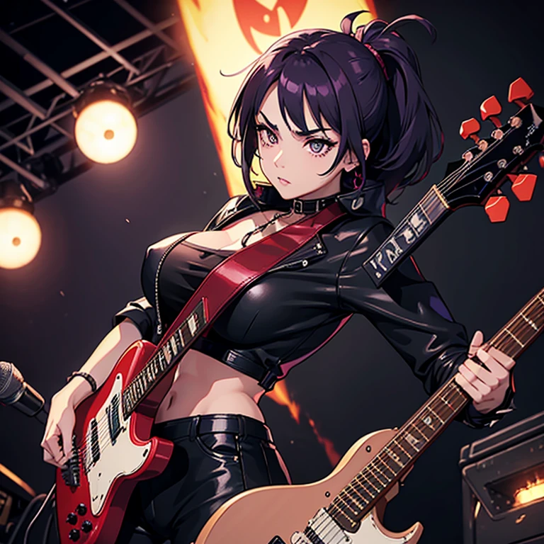 ((masterpiece, best quality, high resolution, UHD, pixel perfect, depth of field, 8k, RTX, HDR))cowboy shot, BREAK, 1 girl, girl style anime, Glossy skin, sharp, Beauty of perfect body, realistic shadow perfect body, brunette girl Heavy metal, Biker girl with chains and spikes, fierce expression, Powerful female rock star, black leather, purple hair with pink highlights, big breast, erect nipples, dressed in black leather jacket and ripped jeans, Dark eyeliner and black lipstick, heavy music, Fierce woman, the front up, epic guitar solo, red electric guitar, Guitar on fire, Woman Electric Guitar Solo, female metal guitarist, BREAK, Woman playing guitar, Electric metal guitar, Flames on stage, Female rocker playing a concert, in a musical scenery