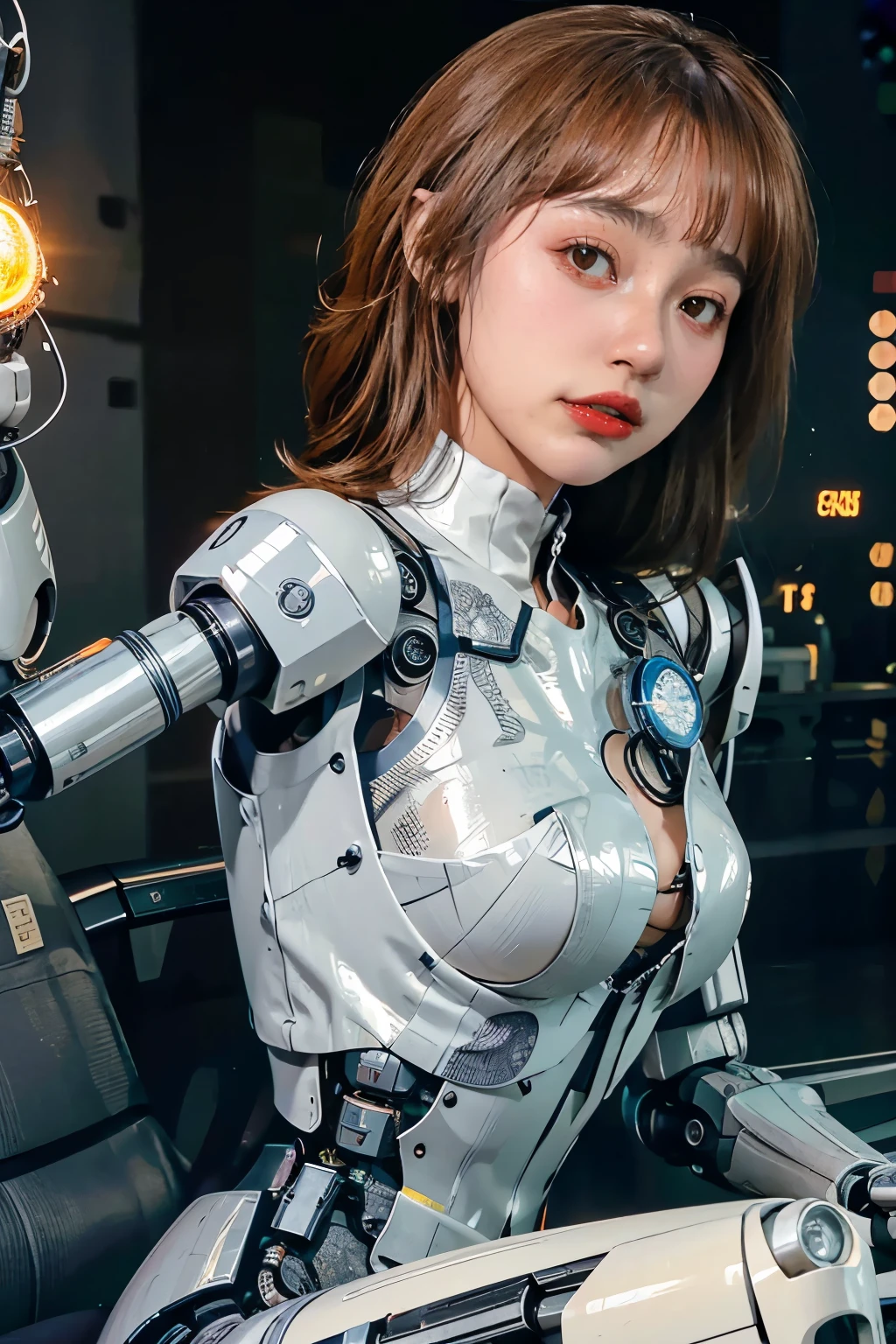 Thaifacemixx, (Photorealsitic:1.4)、((a beauty girl:1.6)), 1 full-body cyborg girl, Nipple, , 、NOhumans、((The skin part is only the face)), Luminous Eyes、((Lots of split metal chest protectors)), Metal Robot、((The whole body is the body of a combat robot))、((Body parts are robot parts:1.8))、((The internal mechanisms of the chest are exposed)), ((Mechanical chest armor with LED indicators and meters)), Robot arms and legs、((Exposed metal skeleton of the abdomen))、Metal skeleton of the cervical region、Under repair、destroyed body、Metal Mechanical Bra、Full Body Metal Skin、Metal bodysuit、Metal scales covering the whole body、body made of metal、Whole body metal、a beauty girl、prosthetic hand、artificial leg、Full body cyborg、Exposed metal skeleton、Asian Beauty、cyberpunked、steampunc、Inside the futuristic space battleship、laboratory、Complex 3d rendering beautiful porcelain profile ultra detailed female type android face、dark brown hair、glowy skin、((super realistic details))、portlate、globalillumination、Shadow、octan render、metals、Details of complex ornaments、Japan details、highly intricate detail、Realistic light、CGSoation Trends、a purple eye、radiant eyes、Facing the camera、neon details、Mechanical limbs、blood vessels connected to tubeechanical vertebrae attached to the back、mechanical cervical attaching to neck、sitting on、Wires and cables connecting to the head、Gundam、Small LED lamp、​masterpiece、 Metal Robot、body made of metal、Whole body metal、prosthetic hand、artificial leg、Full body cyborg、Exposed metal skeleton、Asian Beauty、cyberpunked、steampunc、Futuristic cities、laboratory、Complex 3d rendering beautiful porcelain profile super detailed female android face、cyborgs、roboticparts、150mm、beautiful studio soft light、Rim Lights、Anatomical、face muscles、cable electric wireicrochips、elegent、beatiful backgrounds、octan render、HR Giger Style、8K、top-quality、​masterpiece、illustratio、extremely delicat