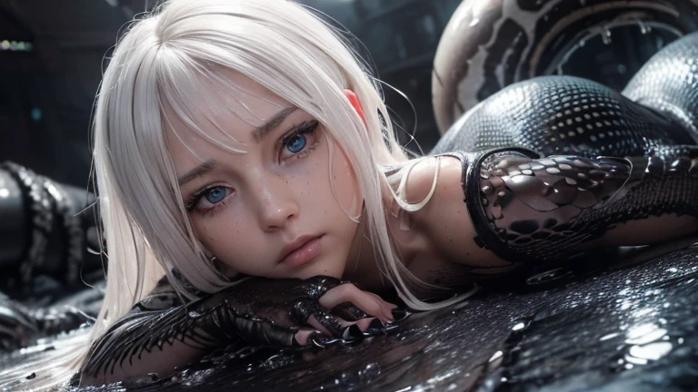 (skindentation:1.5), Realistic, Photorealistic, (masterpiece:1.5), concept art, intricate details, highly detailed, photorealistic, octane render, 8k, unreal engine, prone pose, best quality, highres, (realistic face:1.1), (hyperrealistic:1.1), (((full_body))), perfect eyes,(shiny skin:1.2), perfect hand, extremely detailed background, ((black slime)), ((1girl)), ((venom symbiote)), ((detailed eyes, high quality eyes, high quality face)), white hair, small breast, green pupil, dramatic, depth of field, bokeh, 4k, junkyard background, blackslime, (((prone))), (((nude))), black tentacles slime, wet body